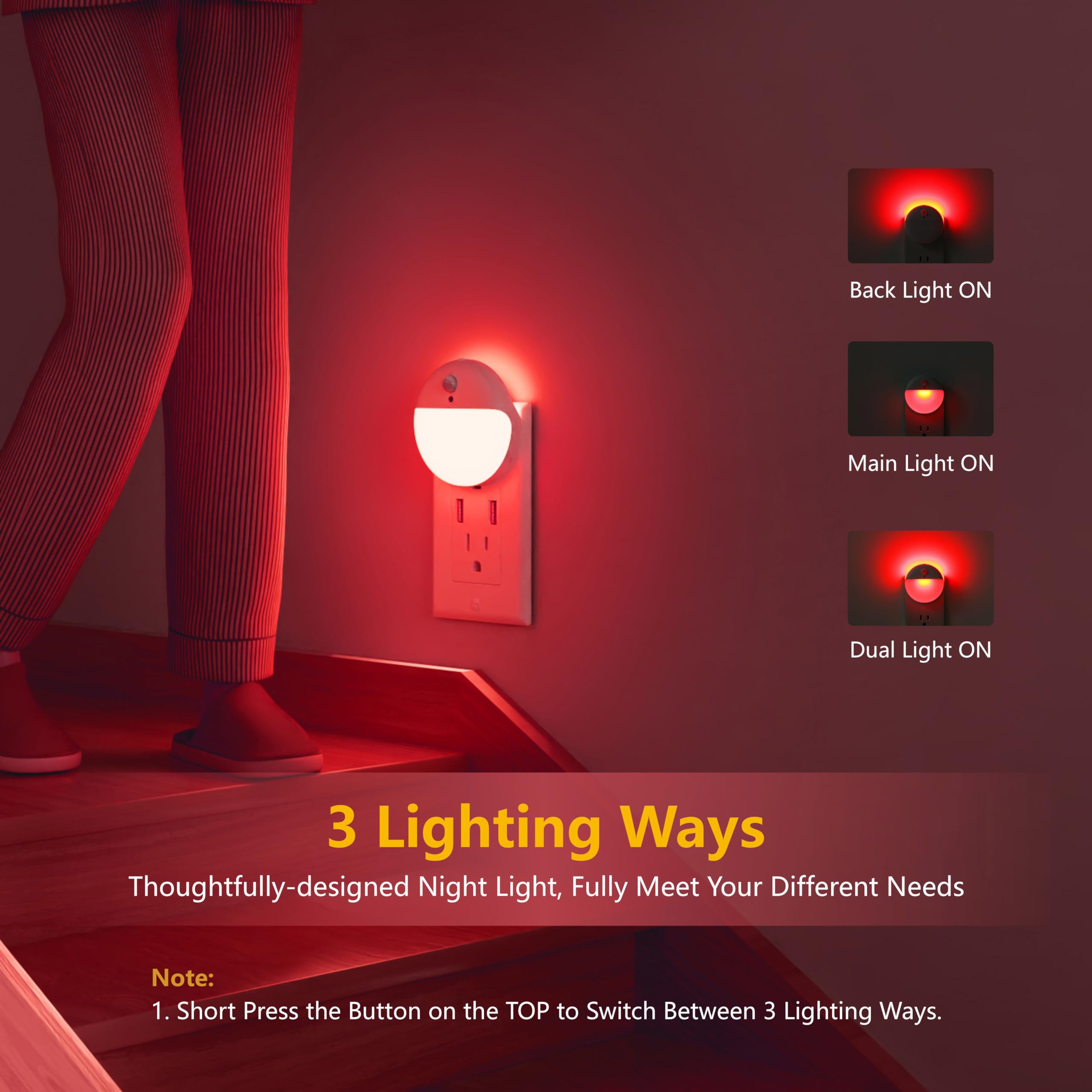 Yunlex 2 Pack Plug In Night Light With 3 Lighting Ways, Stepless Dimming, Light Sensor, Red Led Nightlight For Bathroom, Hallway