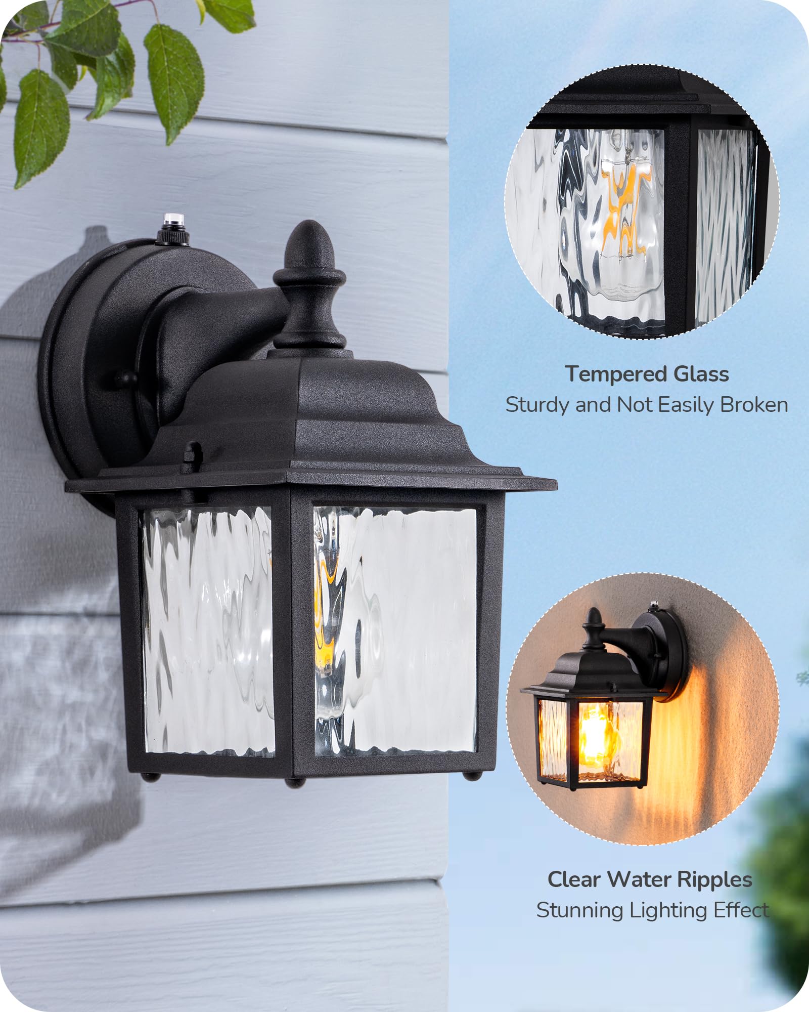 EDISHINE 2 Pack Outdoor Porch Light, Dusk to Dawn Exterior Lighting Fixtures, Modern Outdoor Wall Lights Fixture, Clear Water Ri