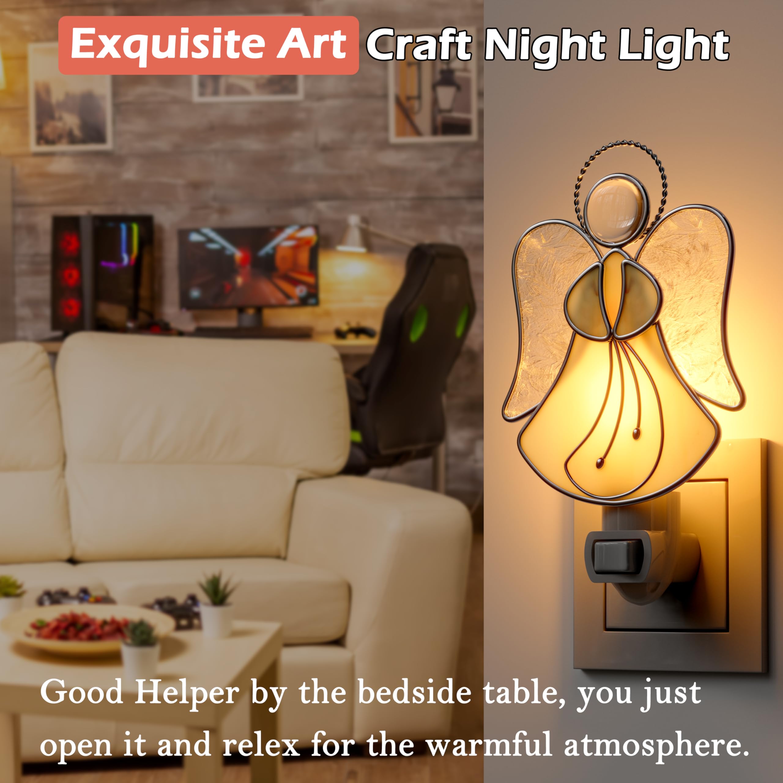 Kundgla Angel Night Light Plug Into Wall, Stained Glass Plug In Night Lights For Wall Socket, Decorative Nightlight For Bedroom Hallway Kitchen,Gift For Mom Mother`S Day Birthday Christmas Valentine