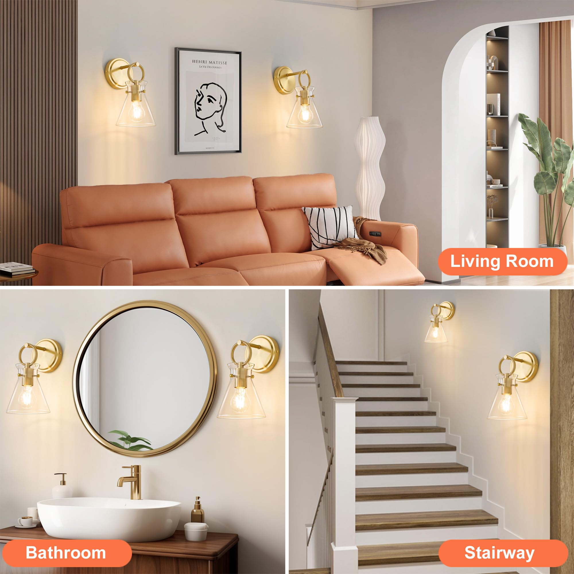 Gold Wall Sconce 1-Light Hardwired Wall Mount Modern Farmhouse Vanity Light Fixtures With 6 Inch Clear Glass Shade  Wall Lights For Bathroom  Bedroom  Living Room  Mirror  Kitchen  Lighting Lamp