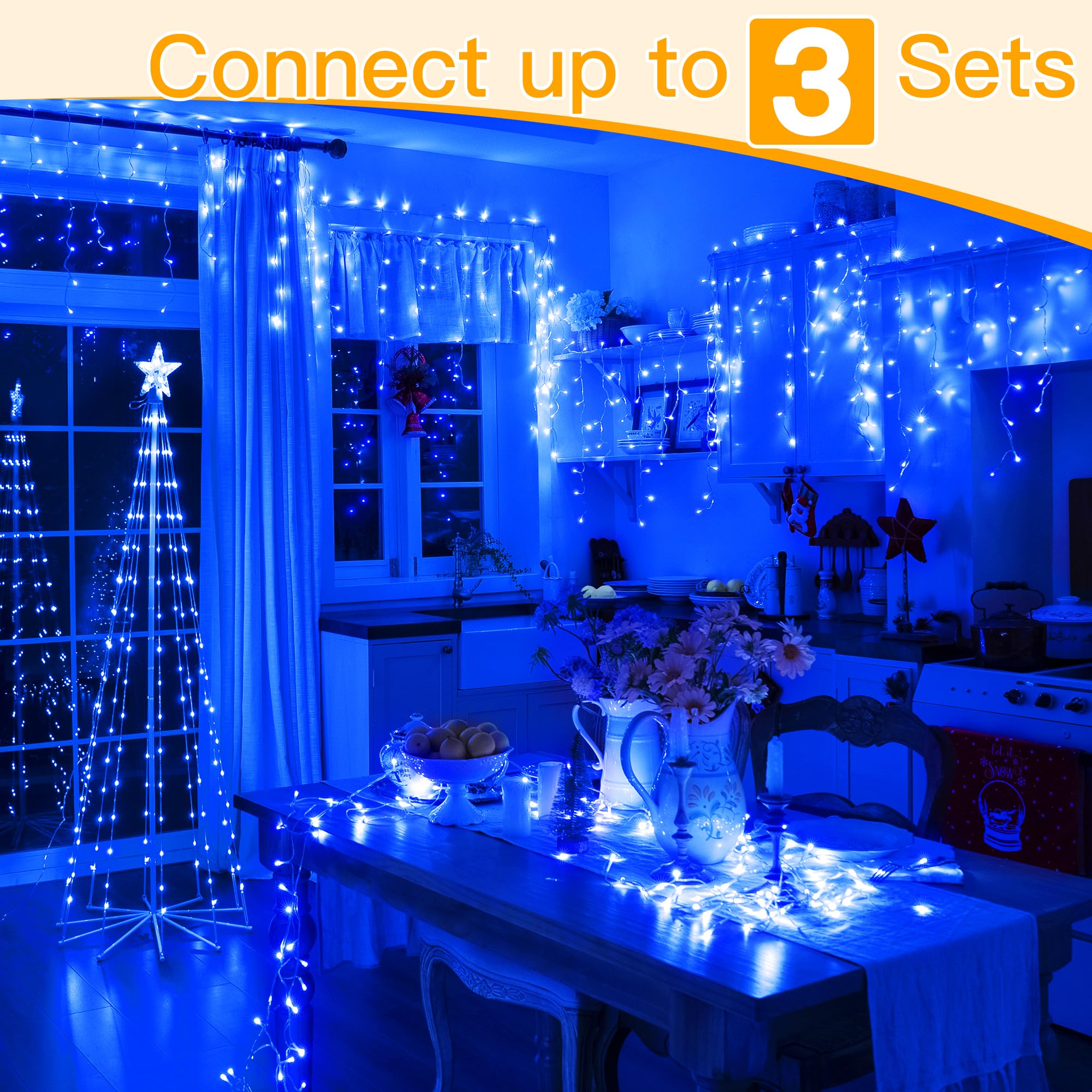 Ollny Blue Icicle Lights 396LED 32FT with Remote, 8 Modes, Waterproof for Indoor/Outdoor Holiday Decor