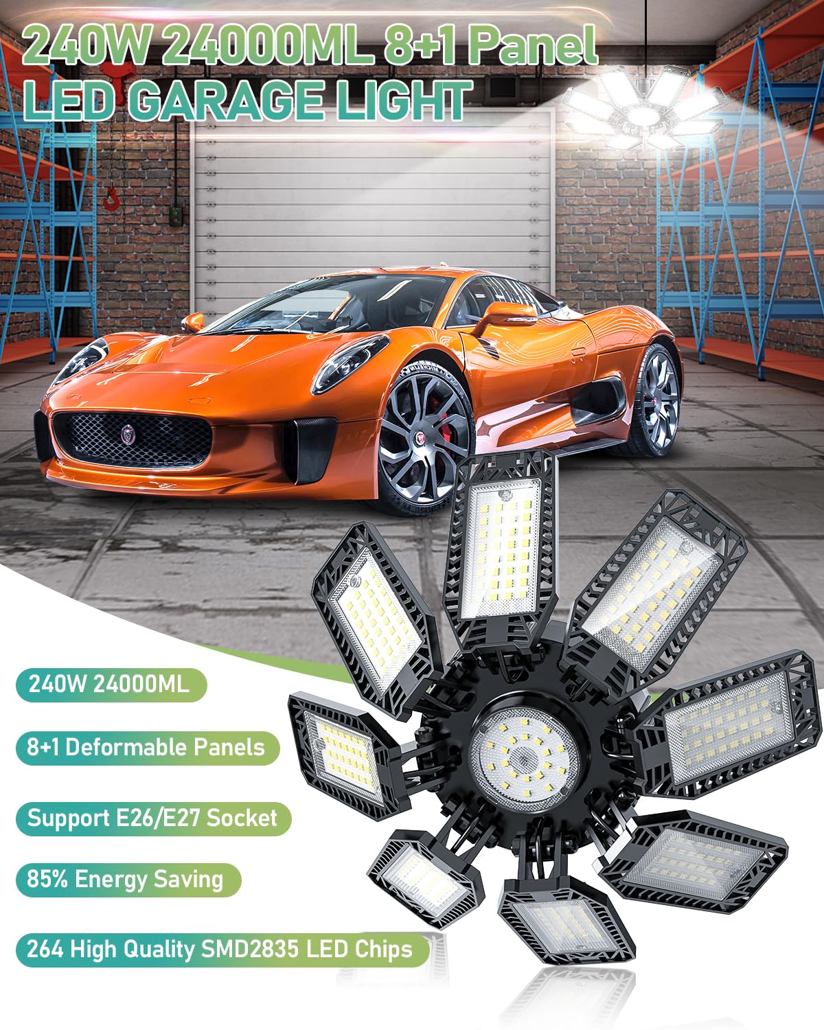 Yibeyyds Led Garage Lights Garage Light - 240W 24000Lm Garage Lights Ceiling Led,6500K Led Garage Ceiling Lights With 8+1 Deform