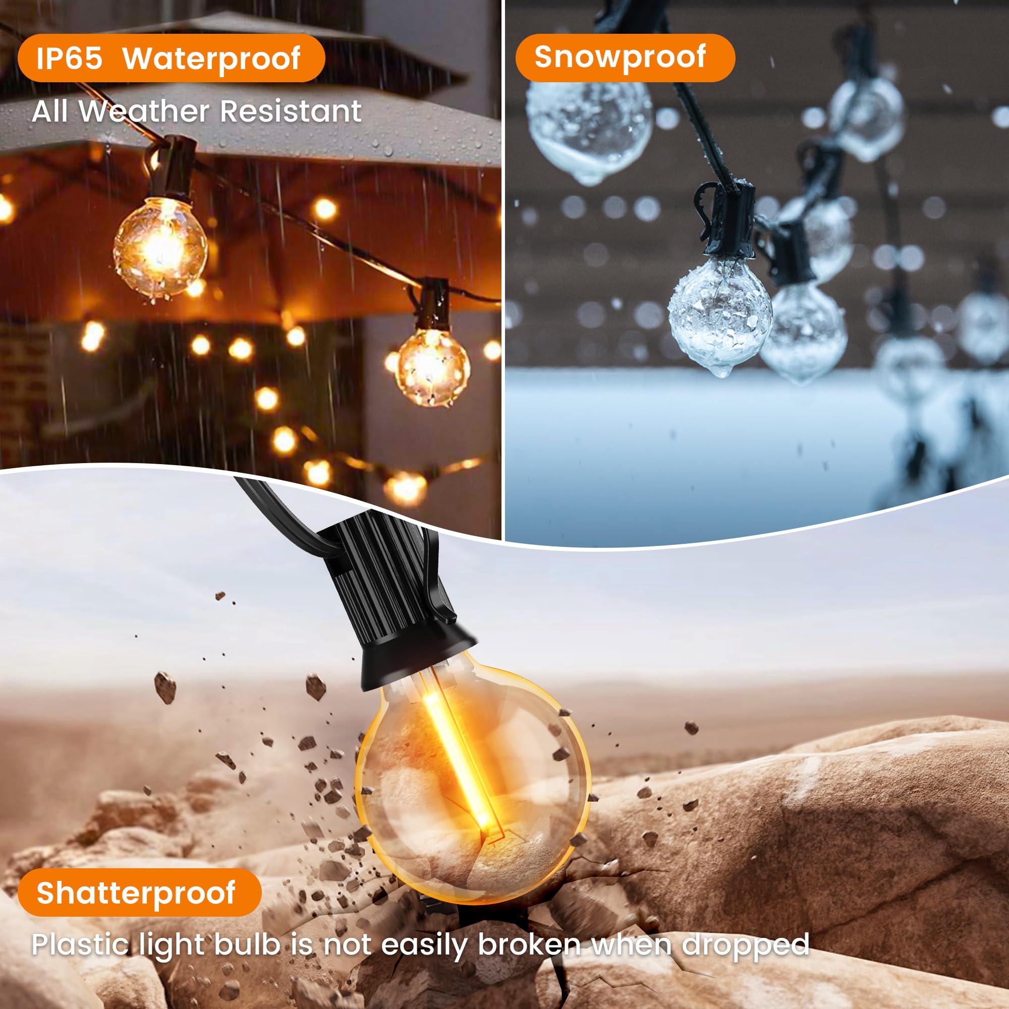 Ohlux Outdoor String Lights, 27 Ft G40 Globe Led Patio Lights With 13 Dimmable Plastic Bulbs(1 Spare), 2200K Waterproof Connecta