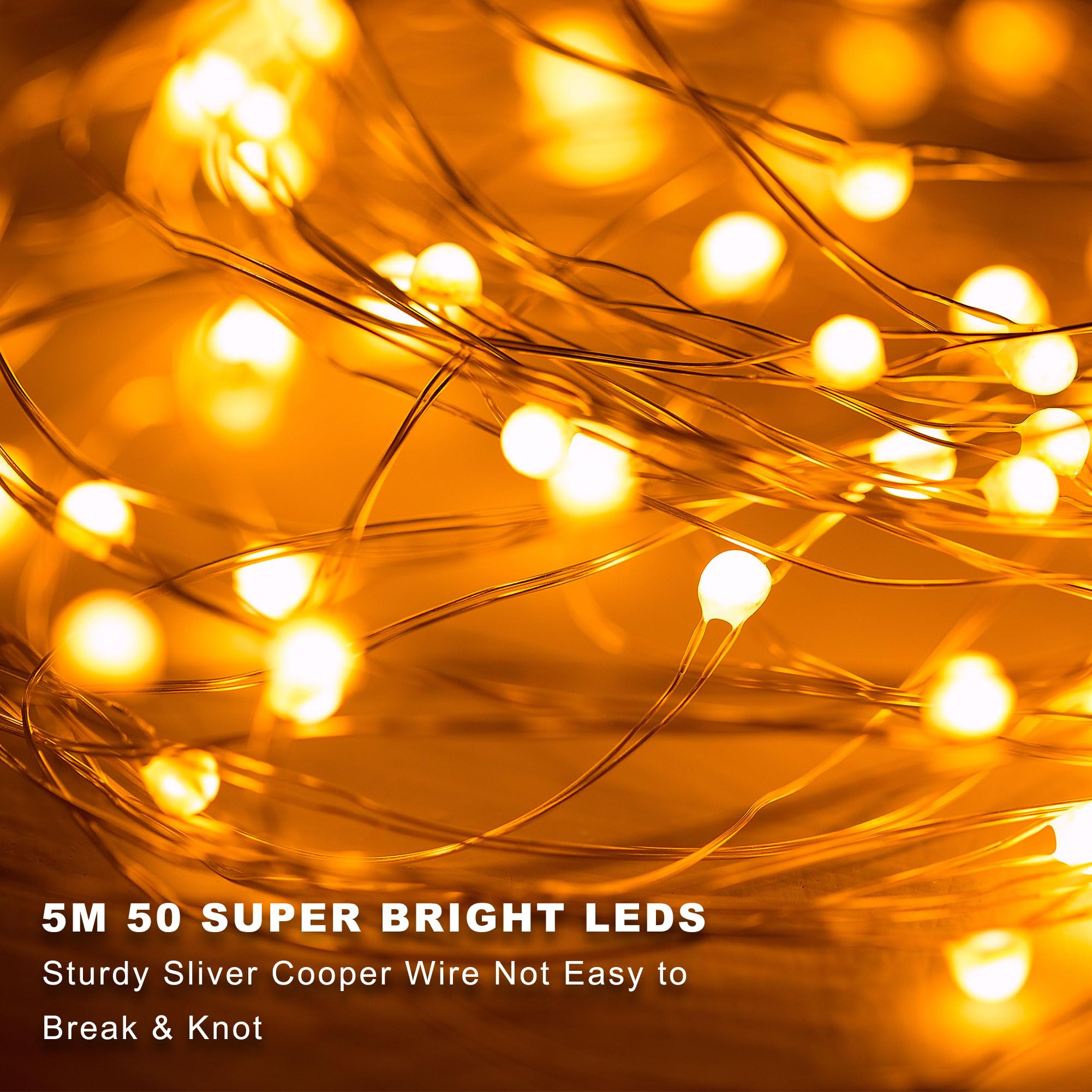 echosari Fairy Lights 2 Pack 16.4Ft 50 LEDs Warm White Copper Wire String Lights for Christmas Wedding Parties