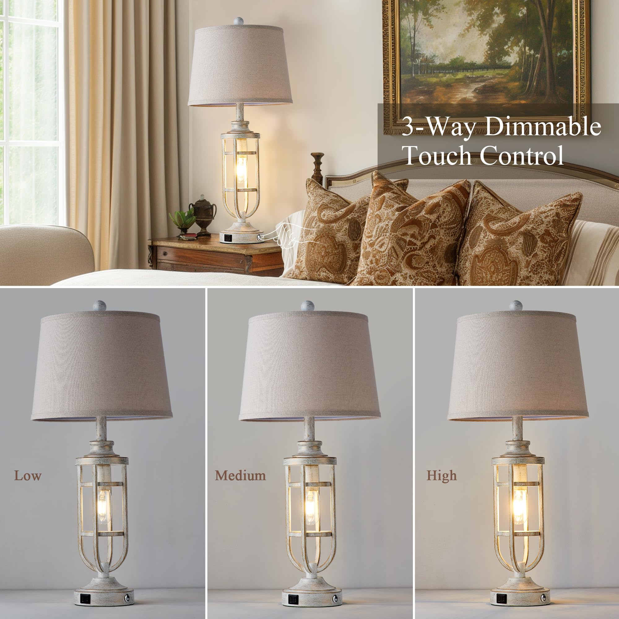 Srjjrs 28'' Table Lamps For Living Room Set Of 2, Farmhouse Touch Lamps For Nightstand With Usb A+C, Vintage Bedside Lamps For B