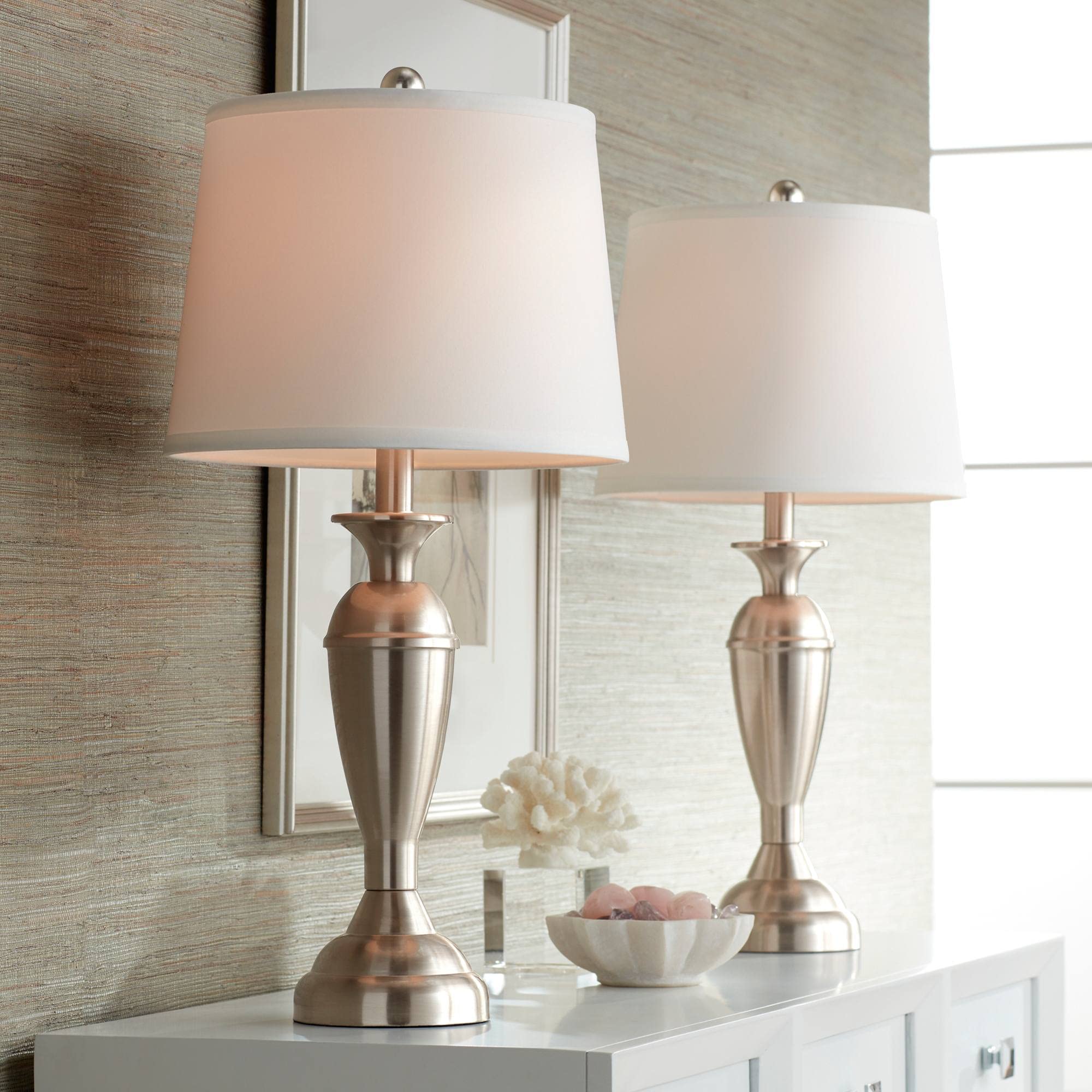 Regency Hill Table Lamps Set of 2 Brushed Nickel Metal 25in Tall with White Drum Shade for Bedroom Living Room Office Nightstand