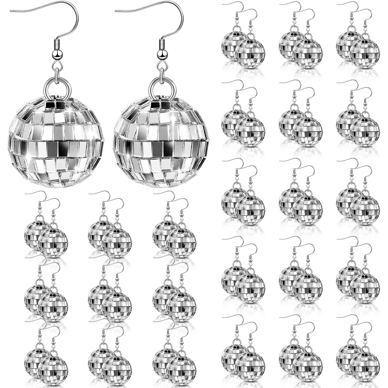 Kigeli Disco Ball Earrings for Women, 24 Pairs, Silver Glass, Model Kigeli-98541, Party Accessories, Hippie Jewelry
