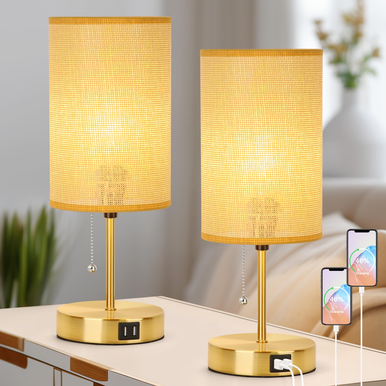 Set of 2 Table Lamp with 2 USB, Vintage Bedside Lamps for Bedrooms, Nightstand Lamps with Pull Chain, Bamboo Woven Desk Lamps wi
