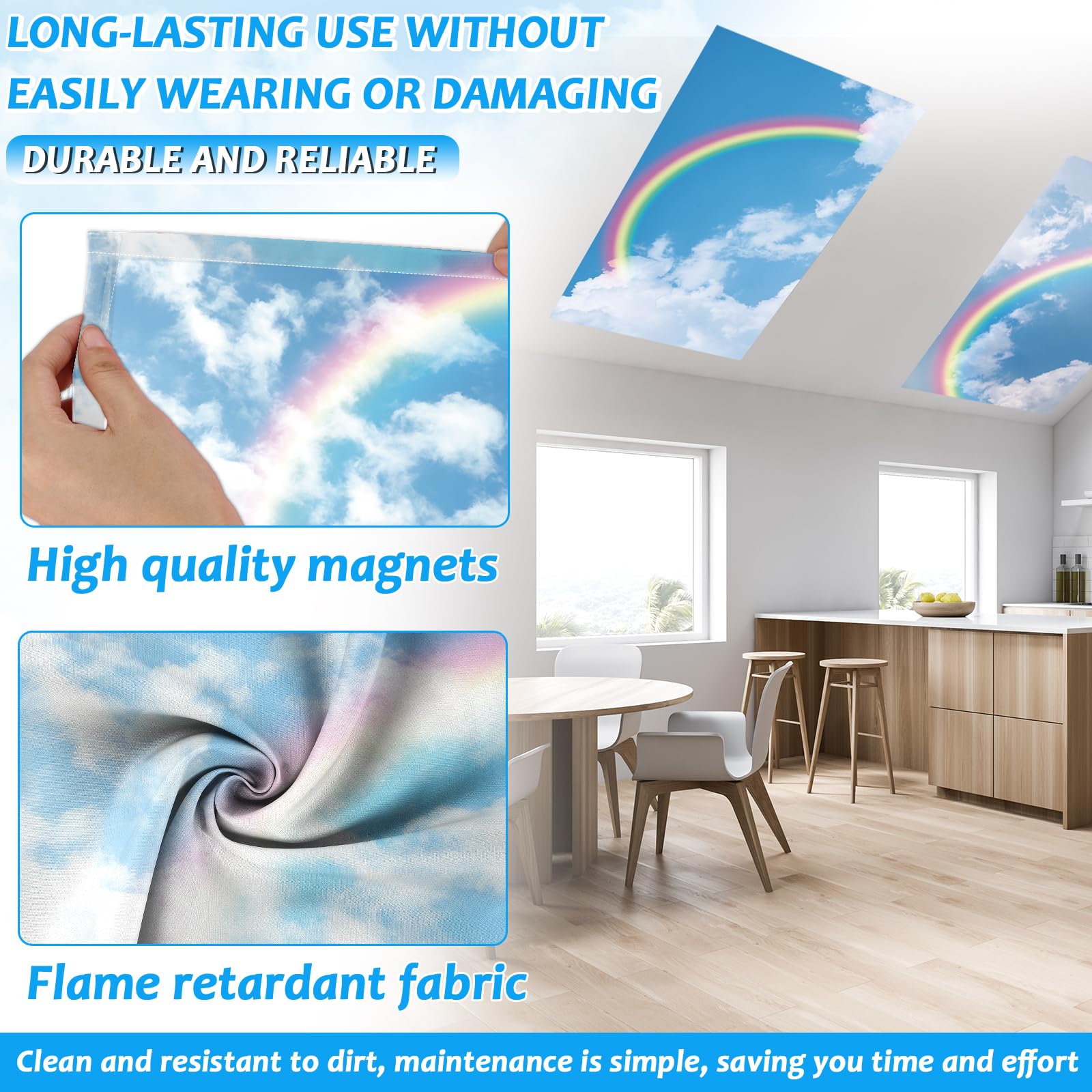 Wiooffen 8 Pcs Fluorescent Light Covers, Rainbow Sky Blue, 4x2 Feet, Polyester, Magnetic Installation for Classroom and Office