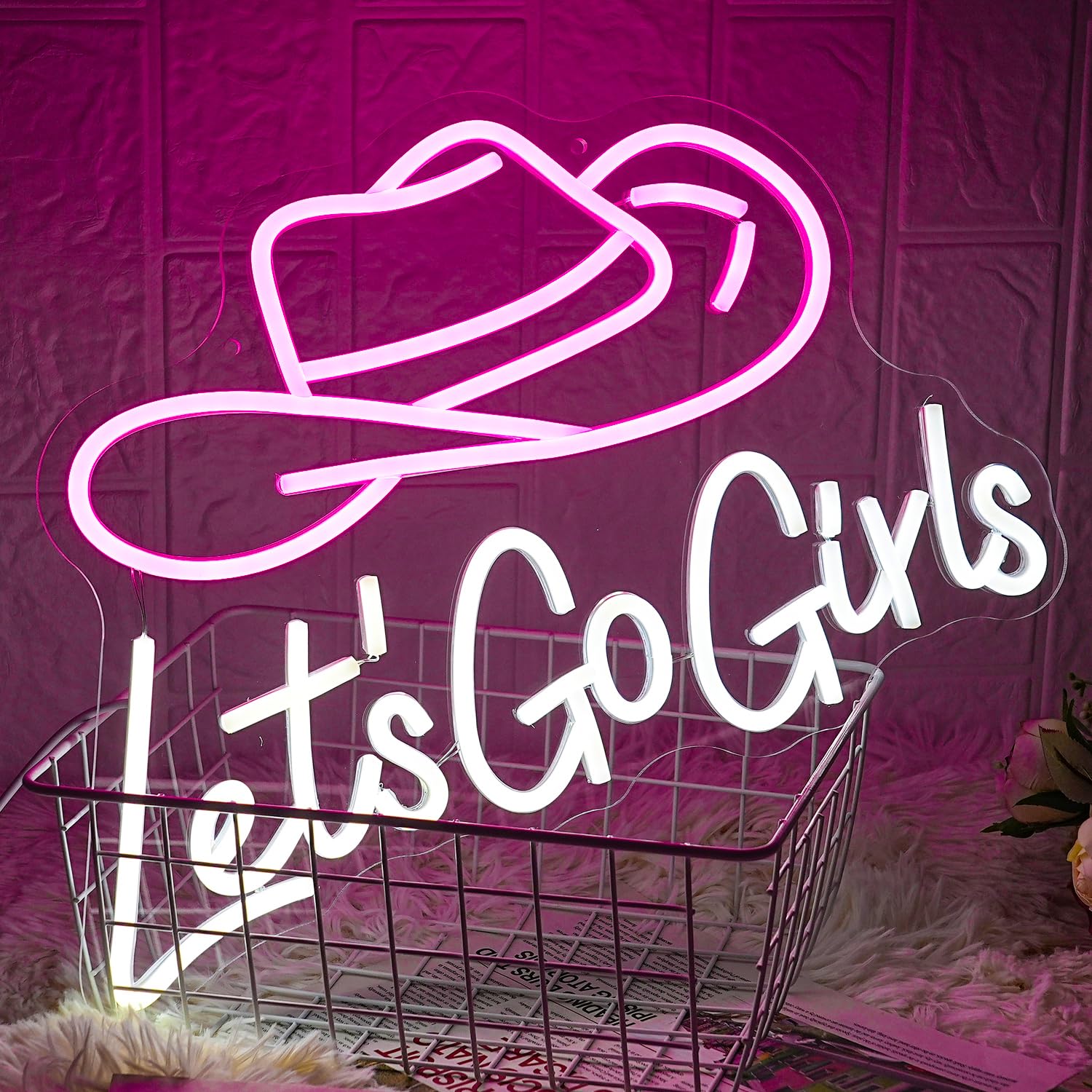 LMSIGNLY Neon Sign - Lets Go Girls Cowboy Hat LED Light, Dimmable, USB Powered, Pink & White for Wall Decor