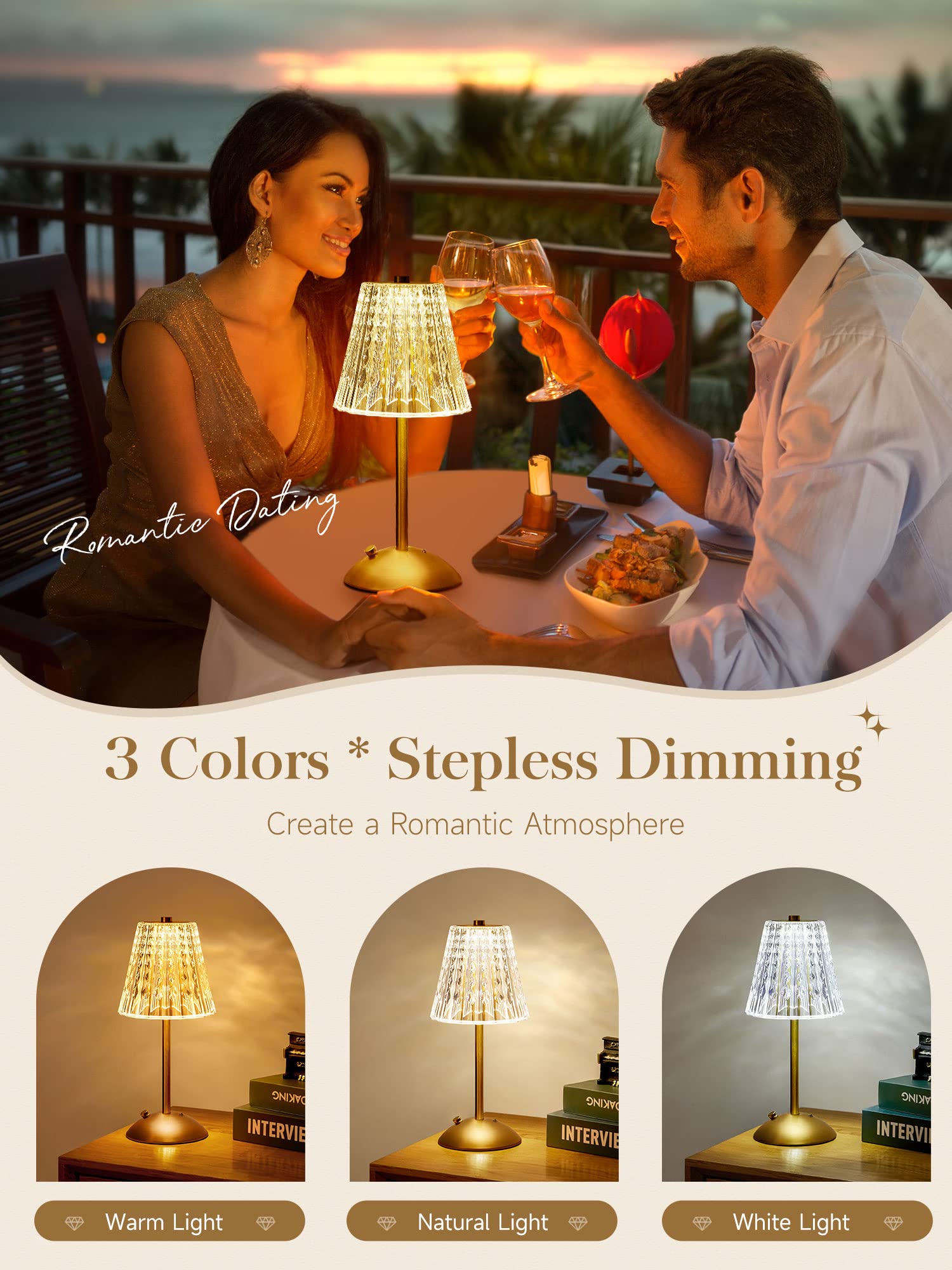 One Fire Nightstand Lamps Set Of 2, Dimmable Crystal Table Lamp 3 Colors Gold Lamp,Touch Lamp Bedroom Lamps, Rechargeable Small