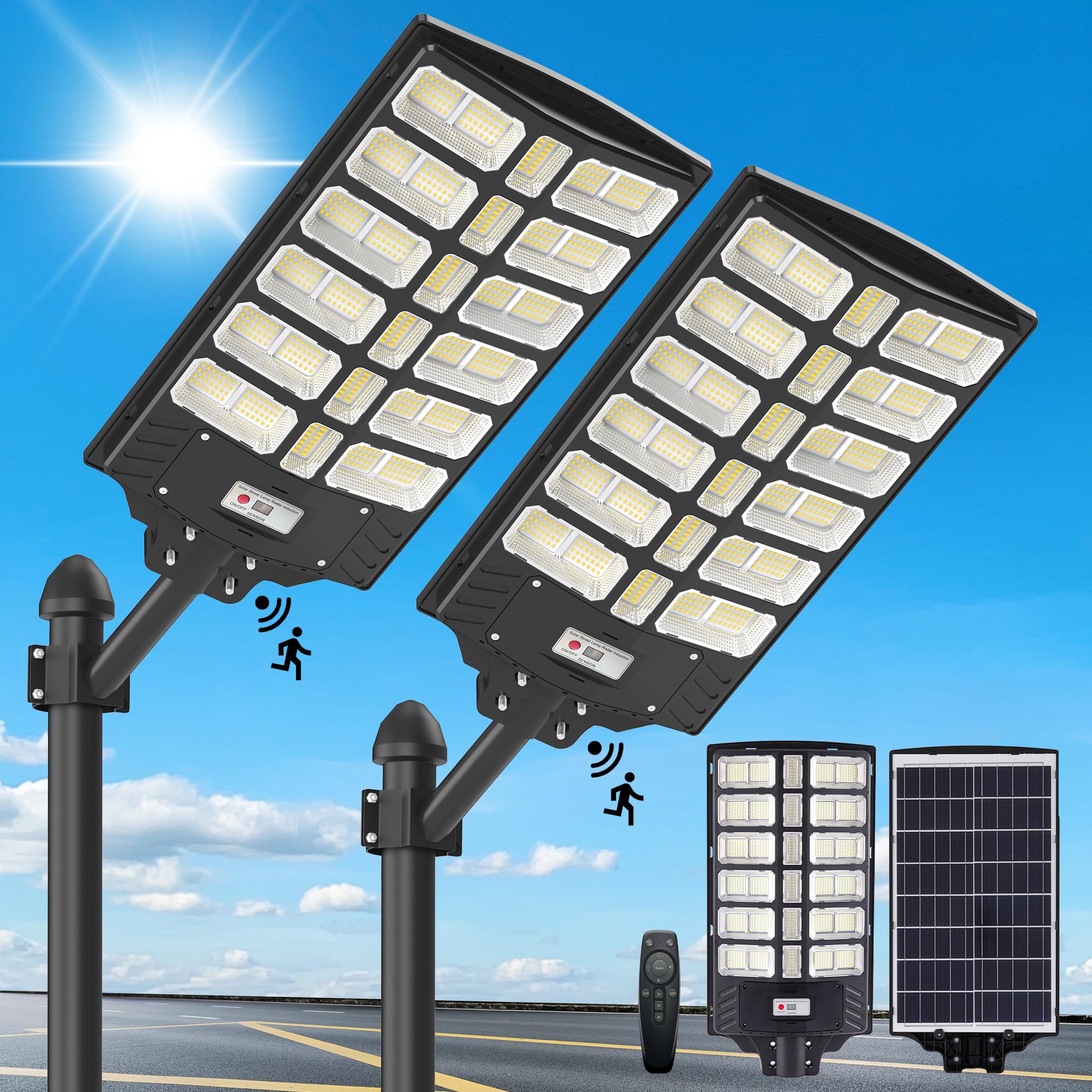 2 Pack Solar Street Lights Outdoor - 8000w Solar Lights Outdoor Waterproof Motion Sensor, 7000K Commercial Parking Lot Lights Du