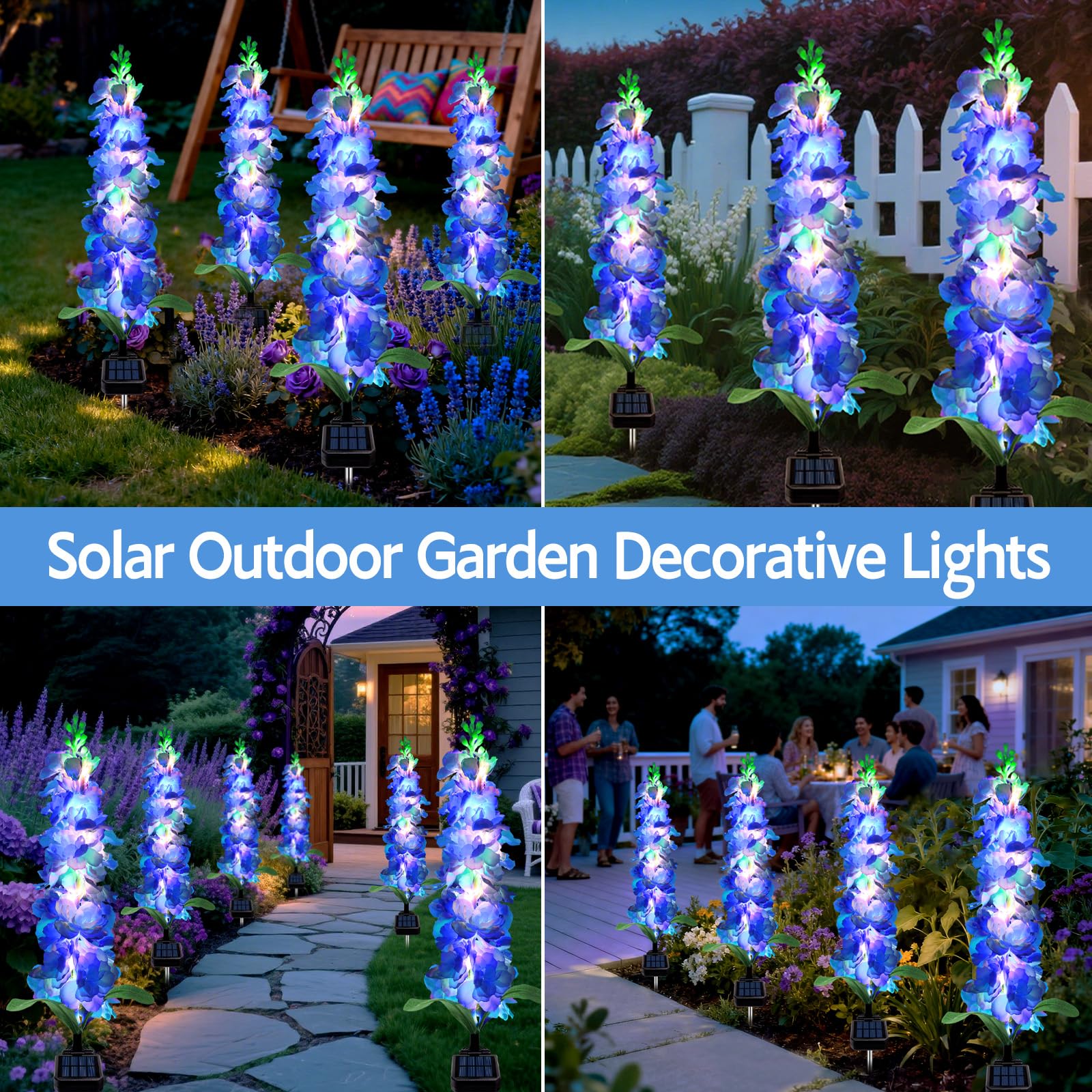 Mrhephaestus Solar Garden Lights  Solar Blue Delphinium Flowers Lights 4 Pack 80 Leds  Waterproof Outdoor Light Two Lighting Modes For Outside Wedding Party Garden Yard Patio Lawn Decor