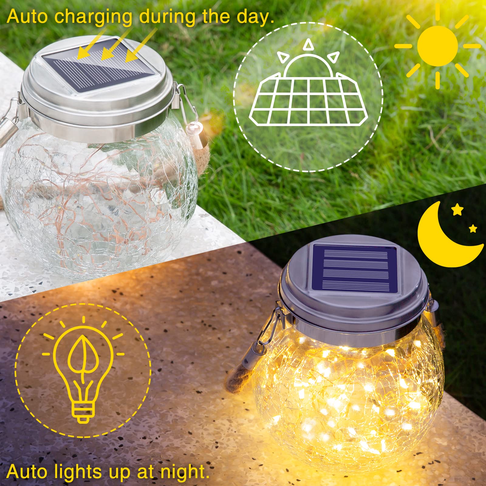 ROSHWEY Solar Lanterns - 4 Pack, Waterproof Glass Outdoor Lights, Warm Light, Model DS-LWD4
