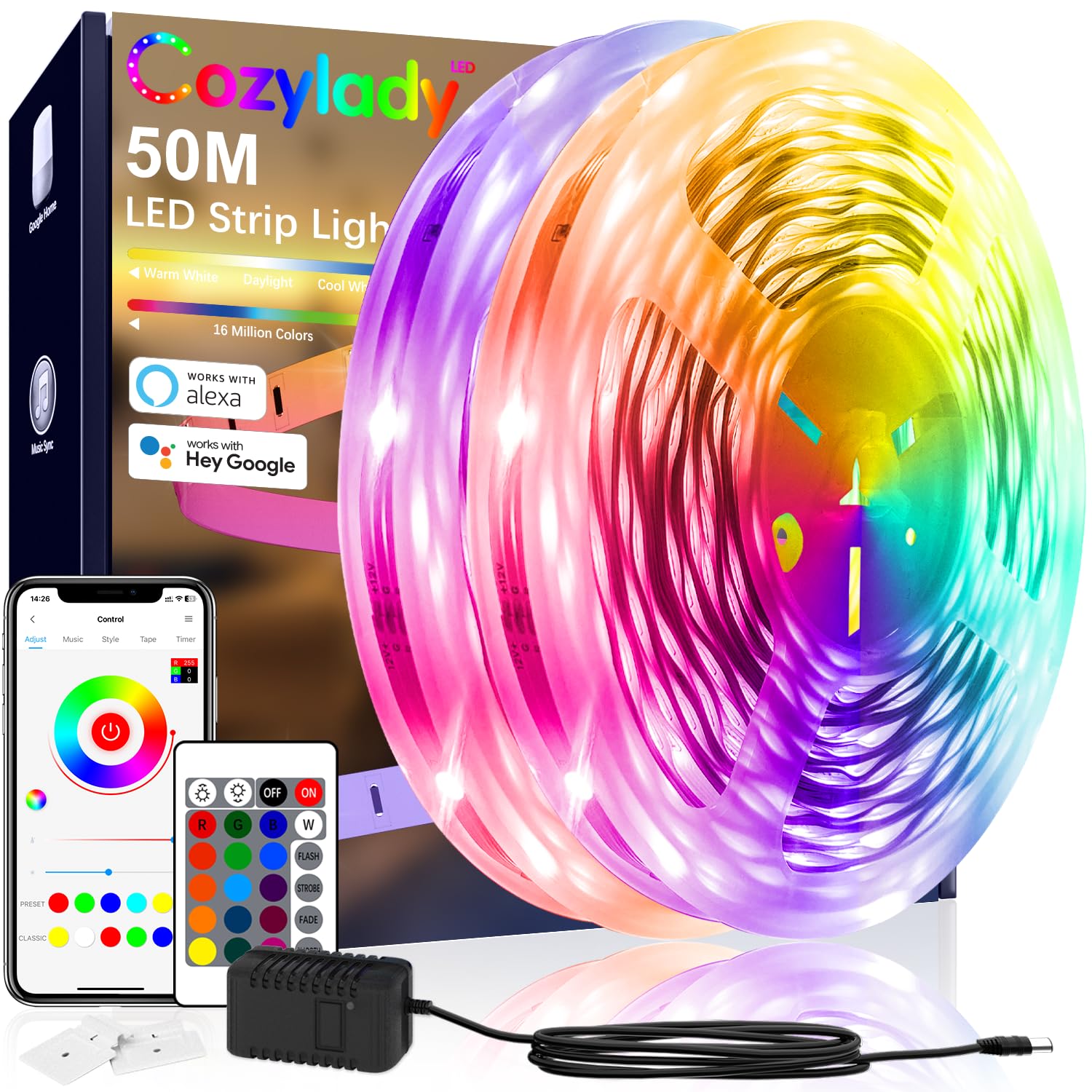Cozylady 146Ft Smart Led Strip Lights, Rgb Color Changing, Music Sync, Alexa & App Control
