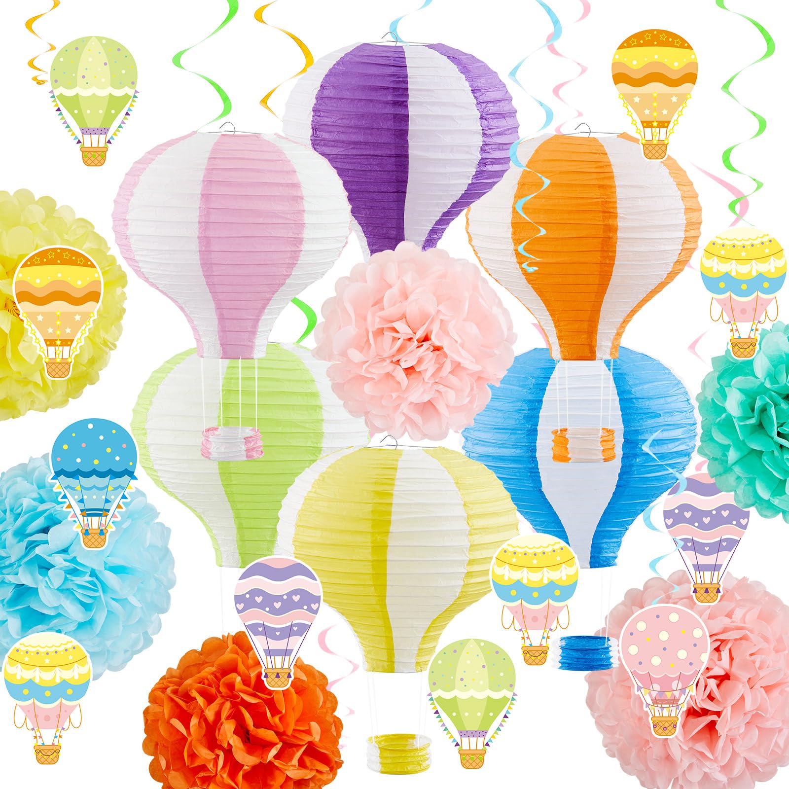 Hortsun 36 Pcs Hot Air Balloon Decorations Include 6 Hanging Hot Air Balloon Paper Lanterns 6 Paper Flowers 12 Hanging Cards 12 