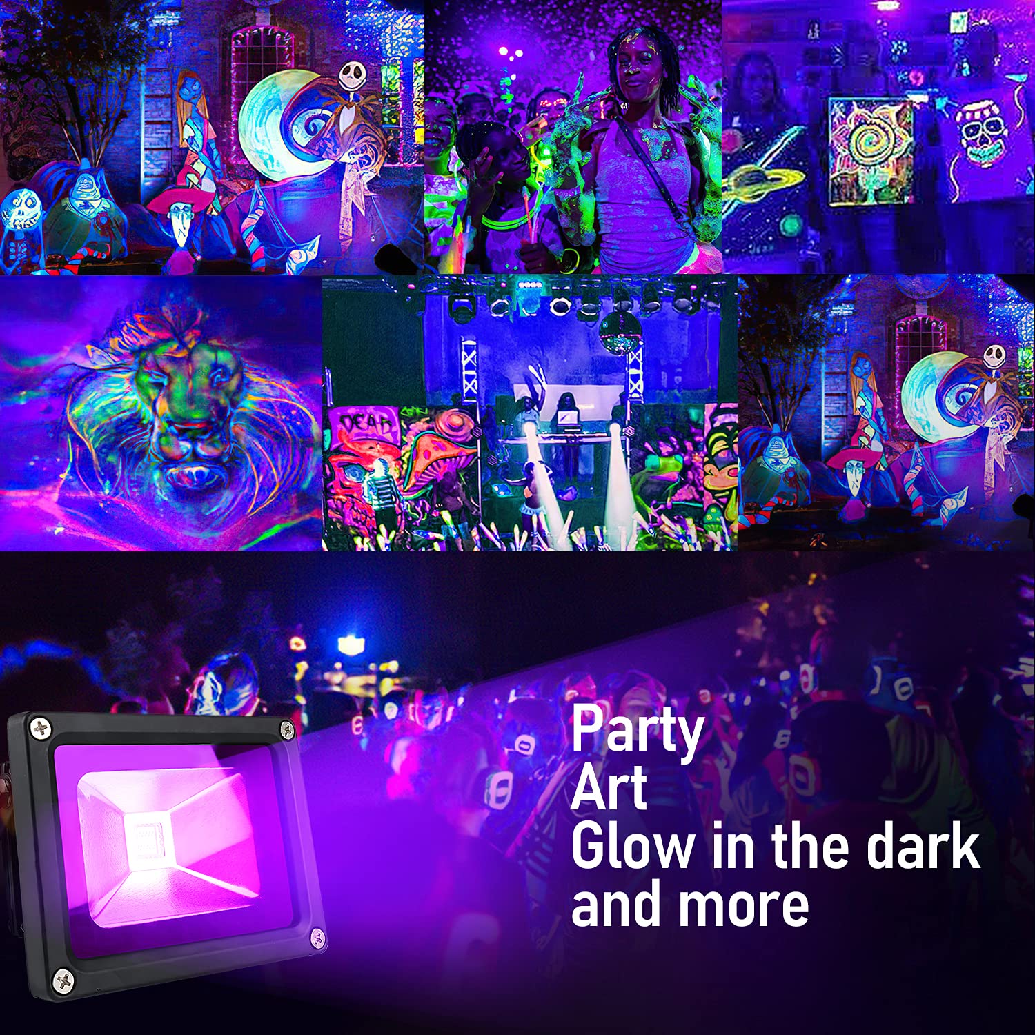 LANFU LED Black Light Flood Light, 10W, IP65, 2 Pack, Black, for Parties, Neon Glow, Aquarium, Night Clubs