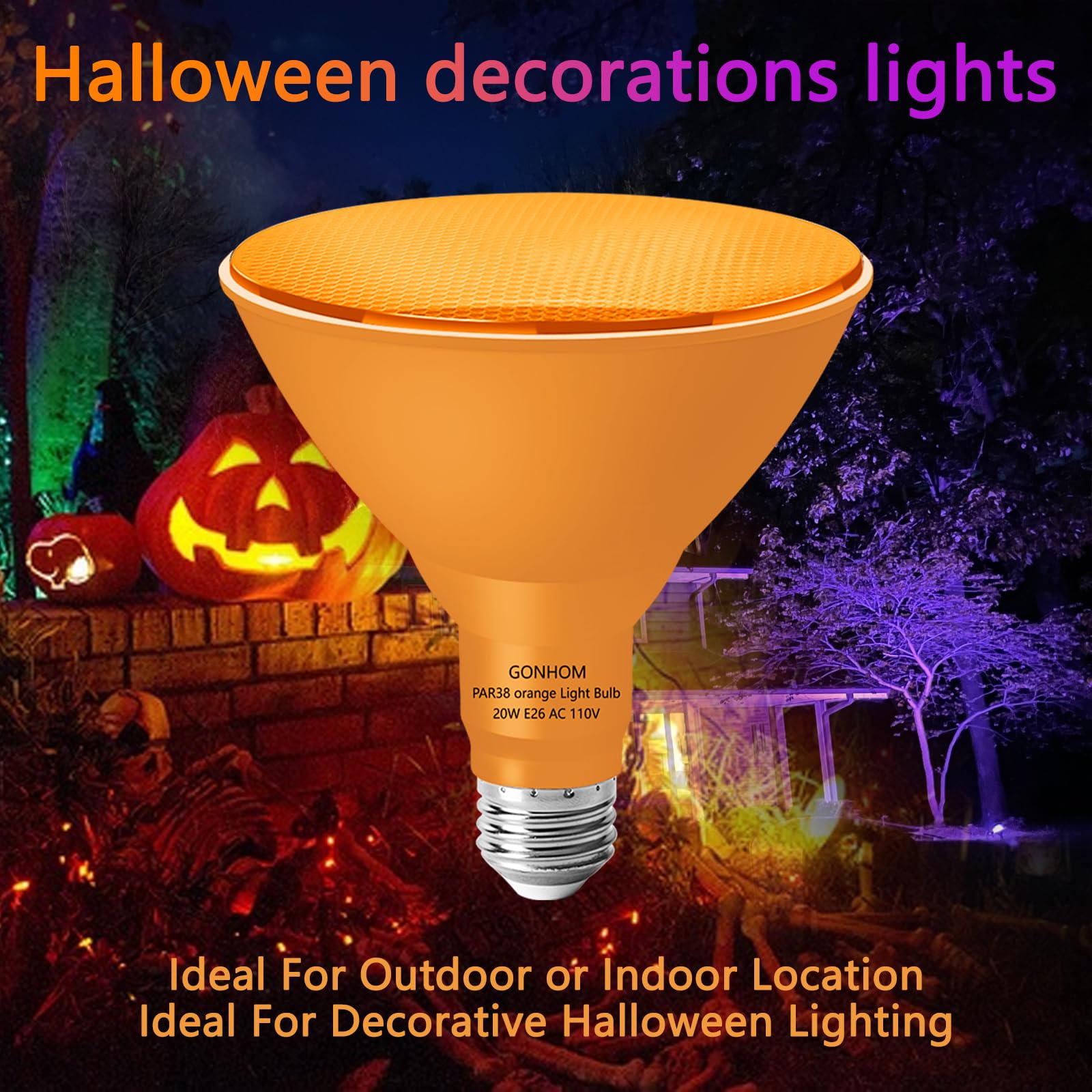 Gonhom 2 Pack 20W Orange Led Par38 Outdoor Flood Light Bulbs For Halloween & Holiday Decor