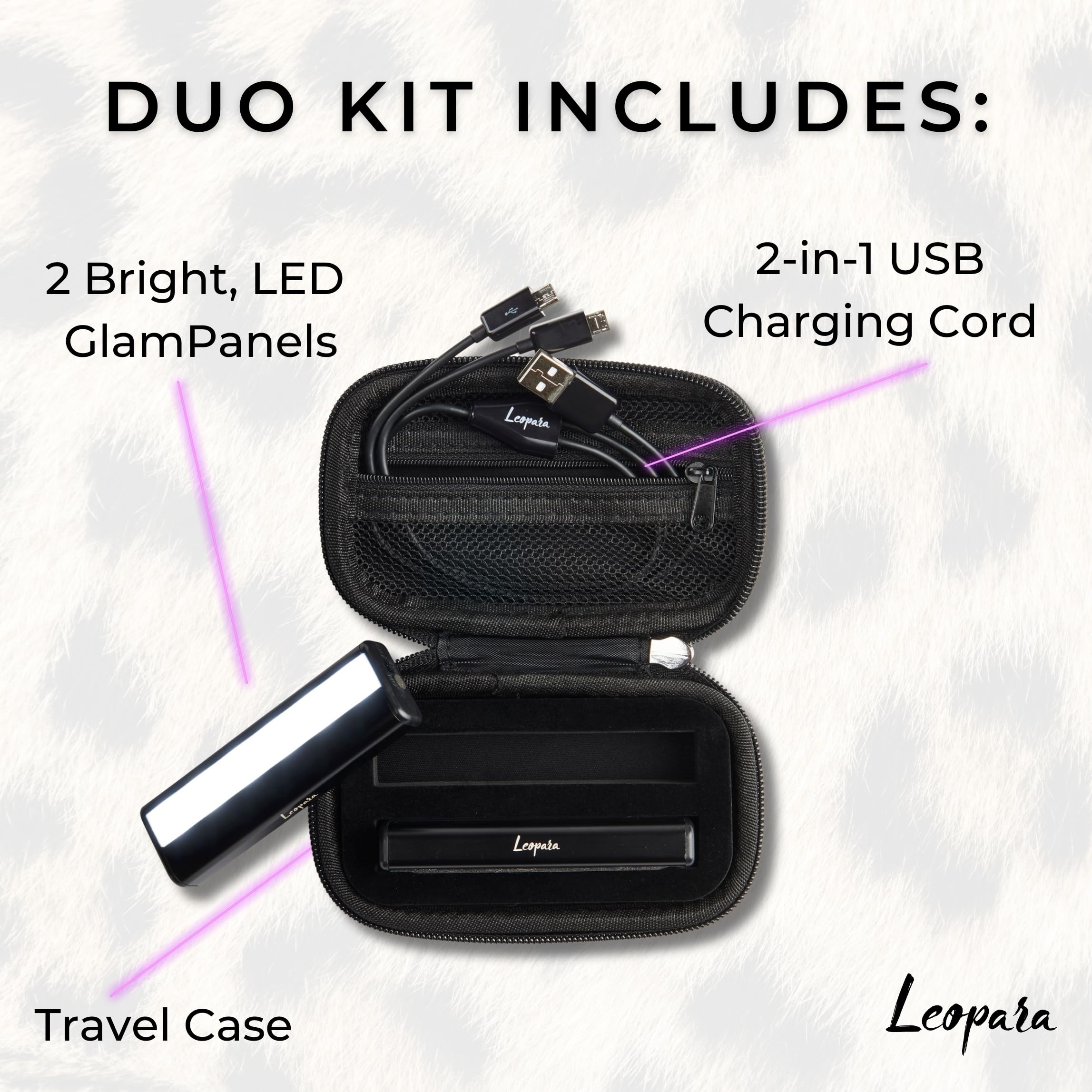 Leopara Duo Portable Makeup Lighting | Set of 2 Cordless, Rechargeable, Suction Vanity Lights for Mirror | Travel Case - Black