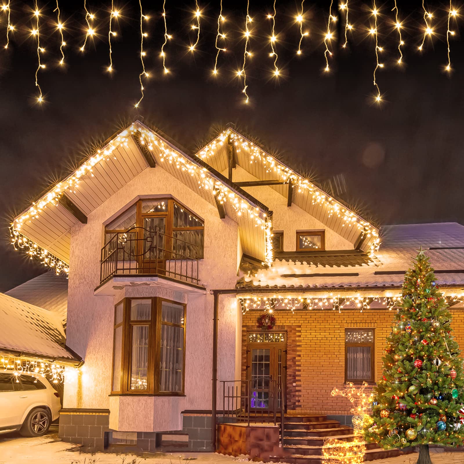 USOKYO Icicle Christmas Lights Outdoor  480 LED 39FT Icicle String Lights with 96 Drops 8 Modes and Timer  Twinkle Icicle Fairy Lights for House Patio Bedroom Wedding (Warm White)