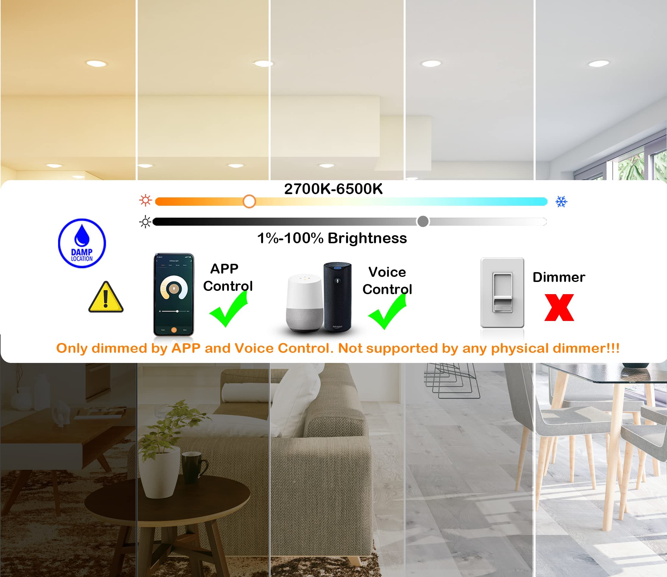 CLOUDY BAY 8" Smart WiFi LED Recessed Lights, 20W RGBCW, Aluminum, Model LJD008SMWH-4PK, Compatible with Alexa & Google Home