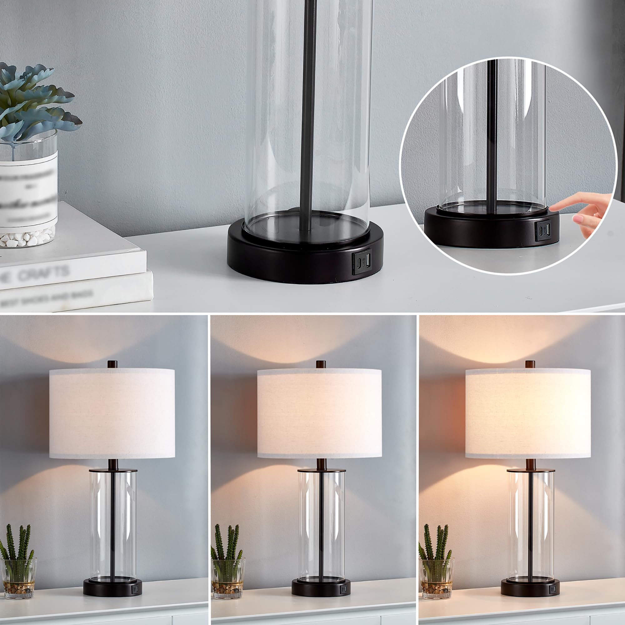 Kyrid Glass Table Lamp Set of 2, 23.5" with USB Ports & AC Outlets, Painted Bronze Finish, Bulbs Included, Model HK21193