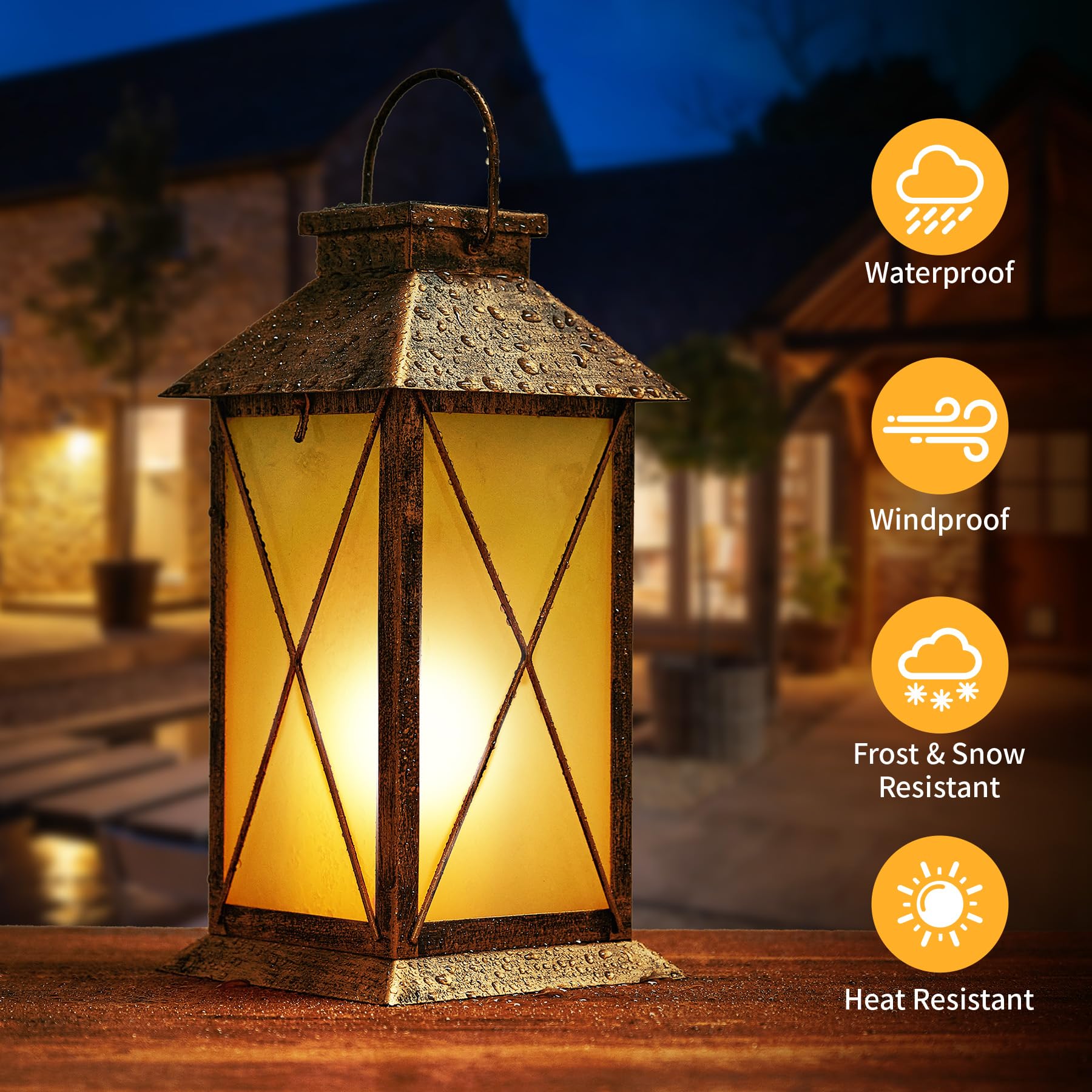 2 Pack Solar Lantern with Flickering Flame Candle, 13 Outdoor Waterproof Solar Lanterns Garden Decorative, Glass Hanging Lantern