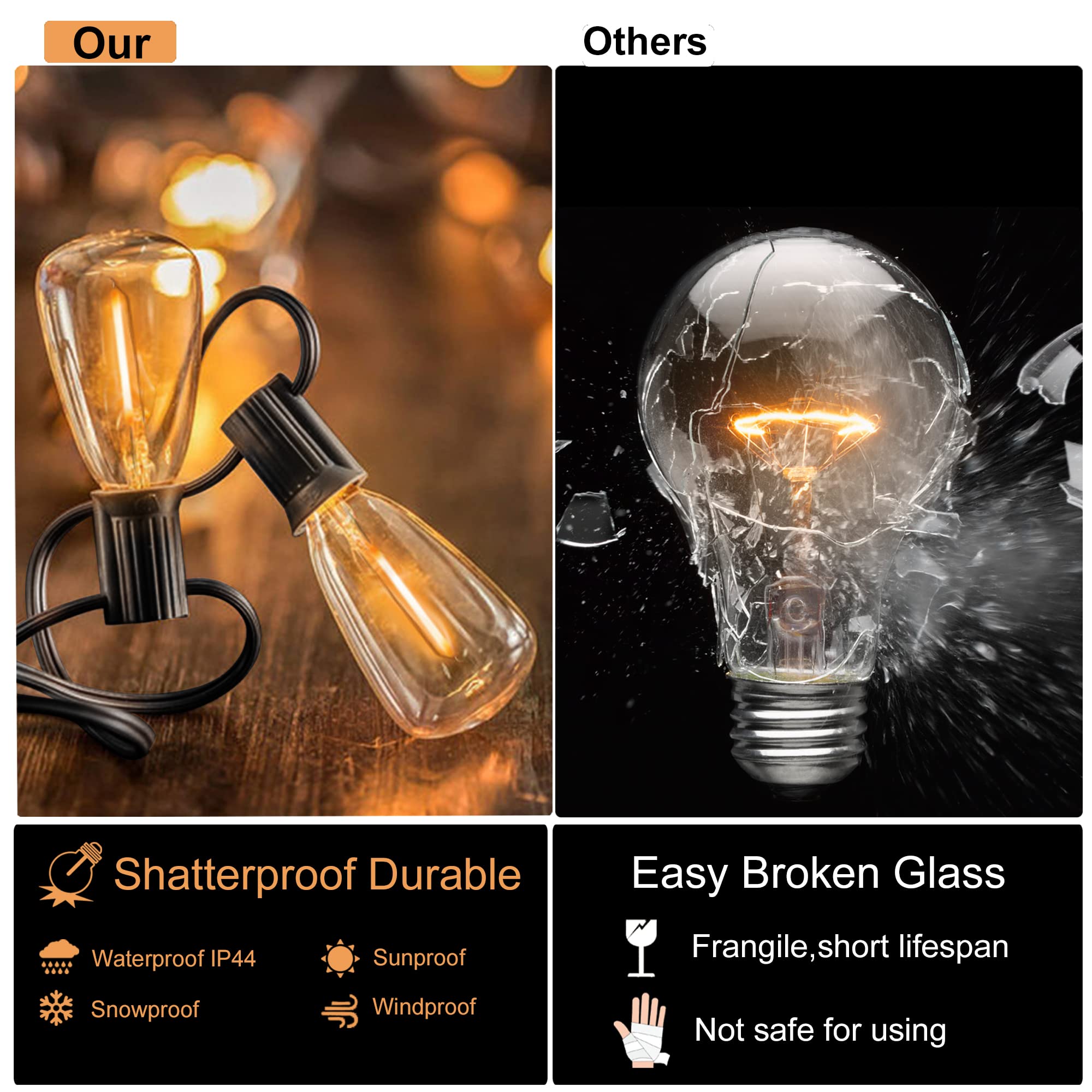 DAMAING Outdoor String Lights 200 FT, Waterproof with 102 LED Bulbs, Dimmable Vintage Edison, Black, Model US200100-Black