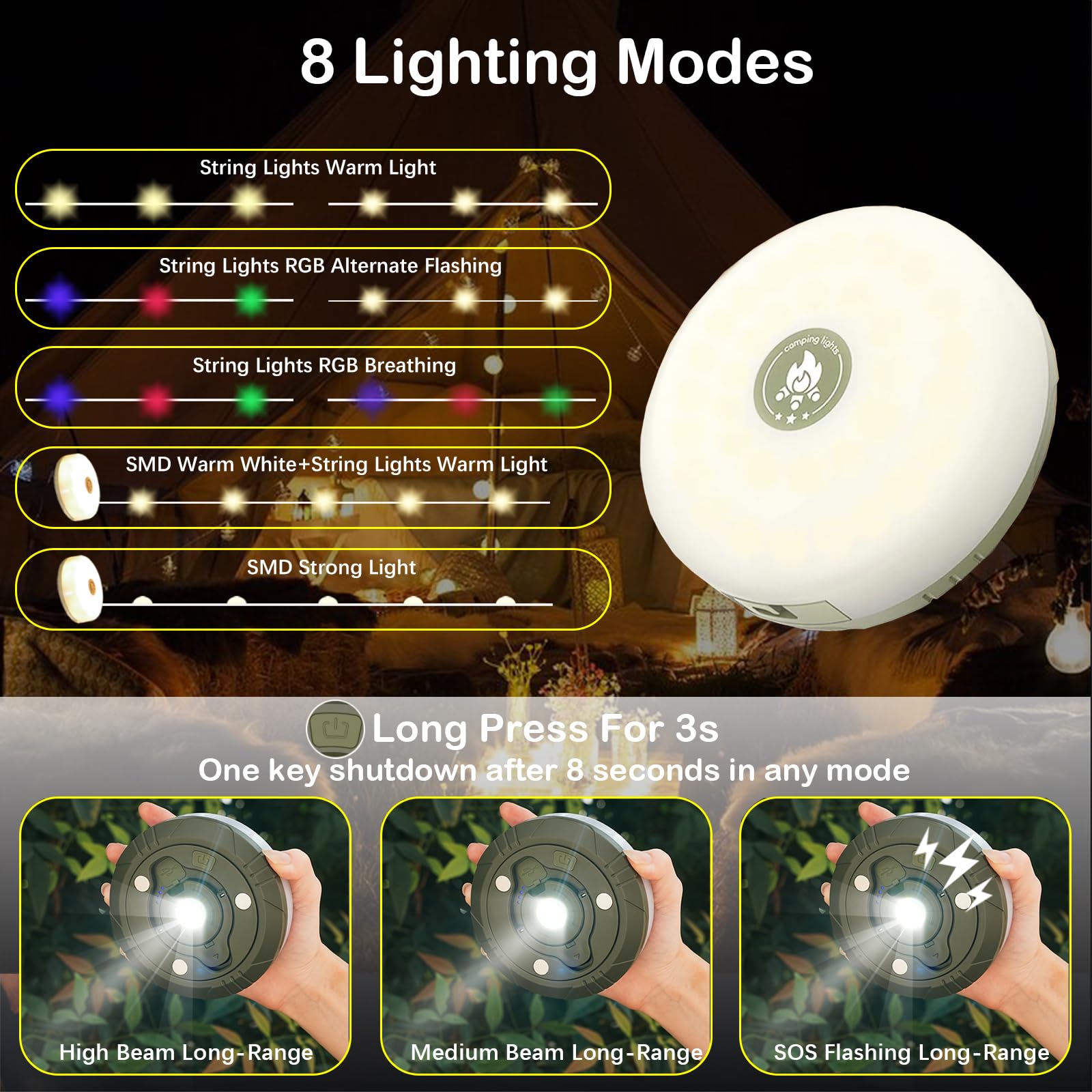 Camping String Lights, 4 In 1 Outdoor String Lights With 8 Lighting Modes, Quick Storage, Usb Charging, Portable Camping Lights