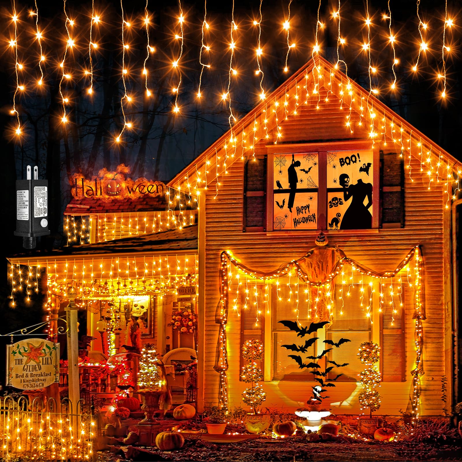 Einiiya 400 LED Icicle Lights Outdoor 33ft Waterproof Orange Christmas Lights 8 Modes for Holiday Decorations