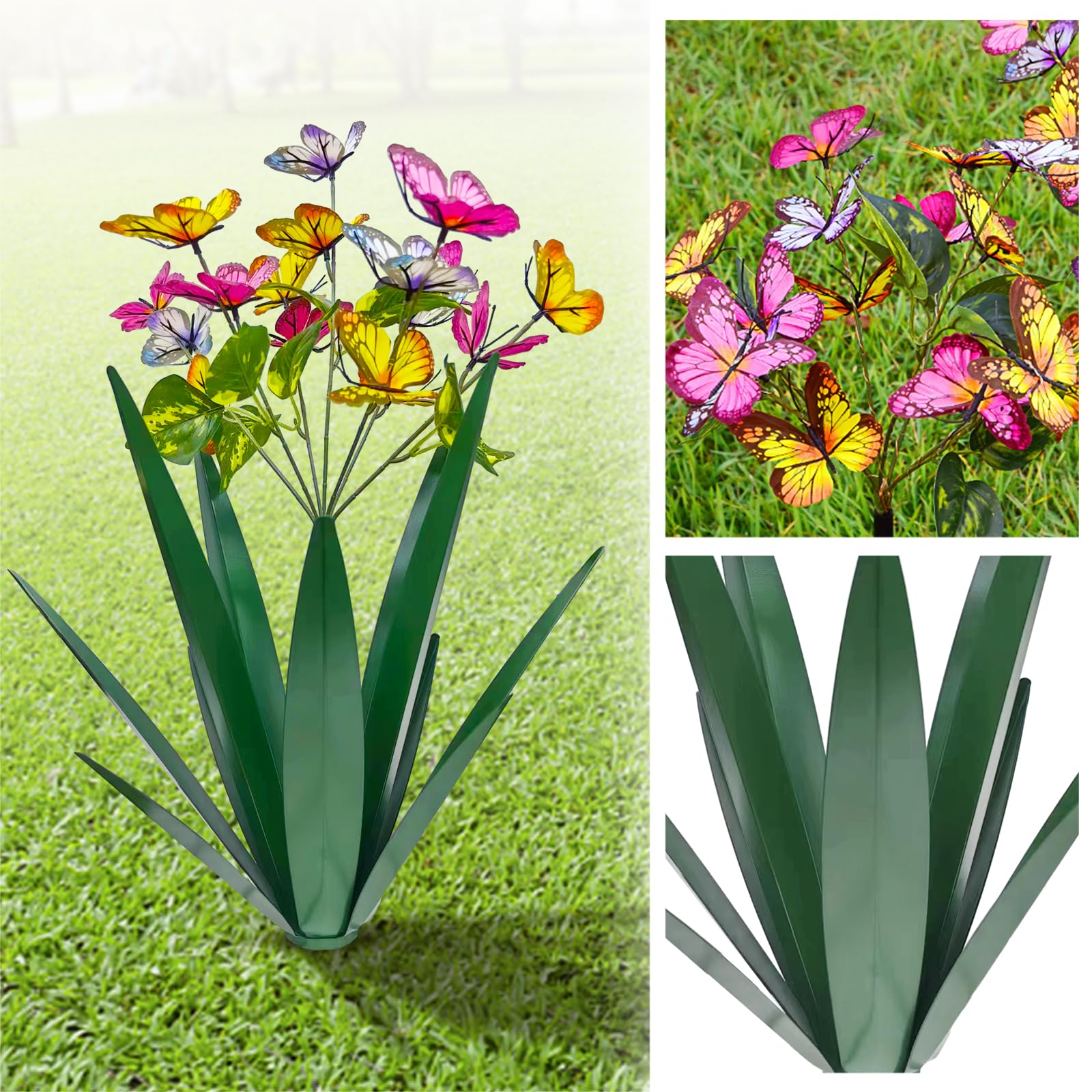 Garden Outdoor Butterfly Enlarge Thickened Wind Resistant Metal Agave Garden Art Metal Plant Country Garden Sculpture Statue Decorations Ornaments Artificial Waterproof Butterflies(Green 2Pcs)
