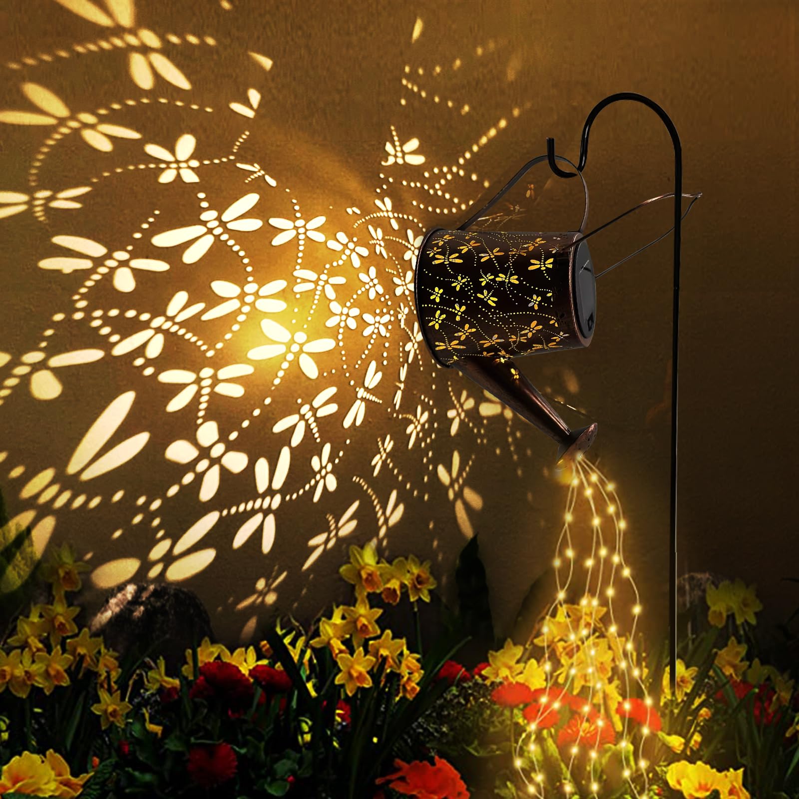 DIBIEECN Solar Watering Can Light, Dragonfly Design, Waterproof Metal Lantern, 32in Shepherd Hook, Outdoor Garden Decor