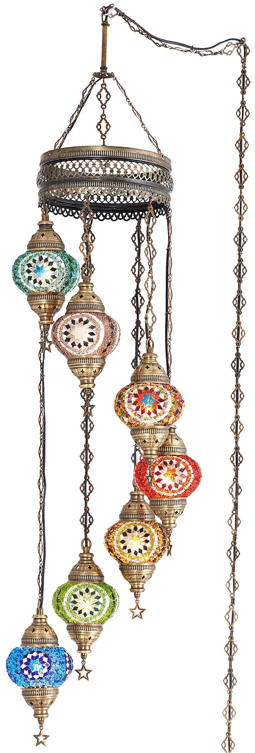 DEMMEX 7-Globe Moroccan Mosaic Chandelier, Tiffany Style Pendant Light, 59x14 Inches, Multicolor1, Model DEMMEX-Swag7