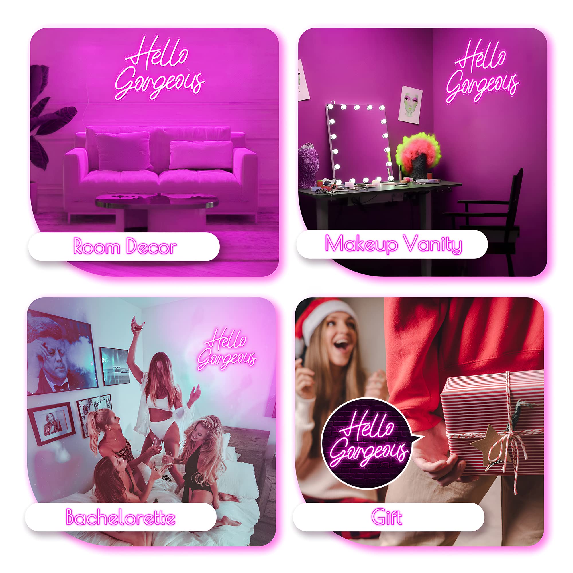 Kavaas Neon Sign - Hello Gorgeous Light for Wall Decor, Dimmable, 16.4inx12in, Pink, Model KNS-HGP