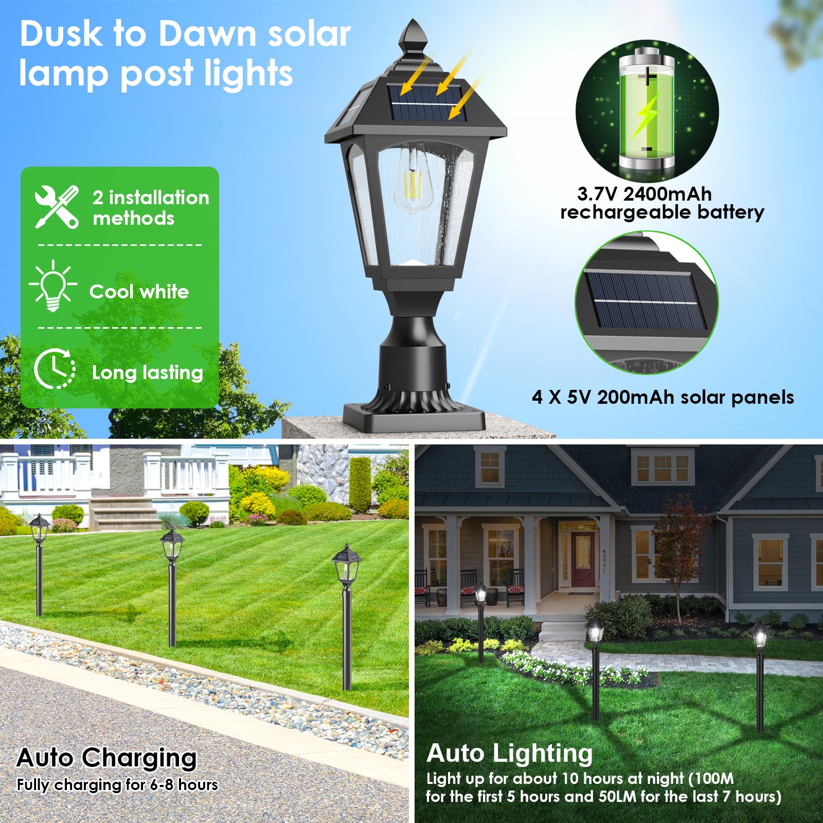 Benany Solar Post Lights Outdoor Waterproof, Aluminum Solar Lamp Post Lights With Pier Mount Base For Garden Yard Landscape Outs