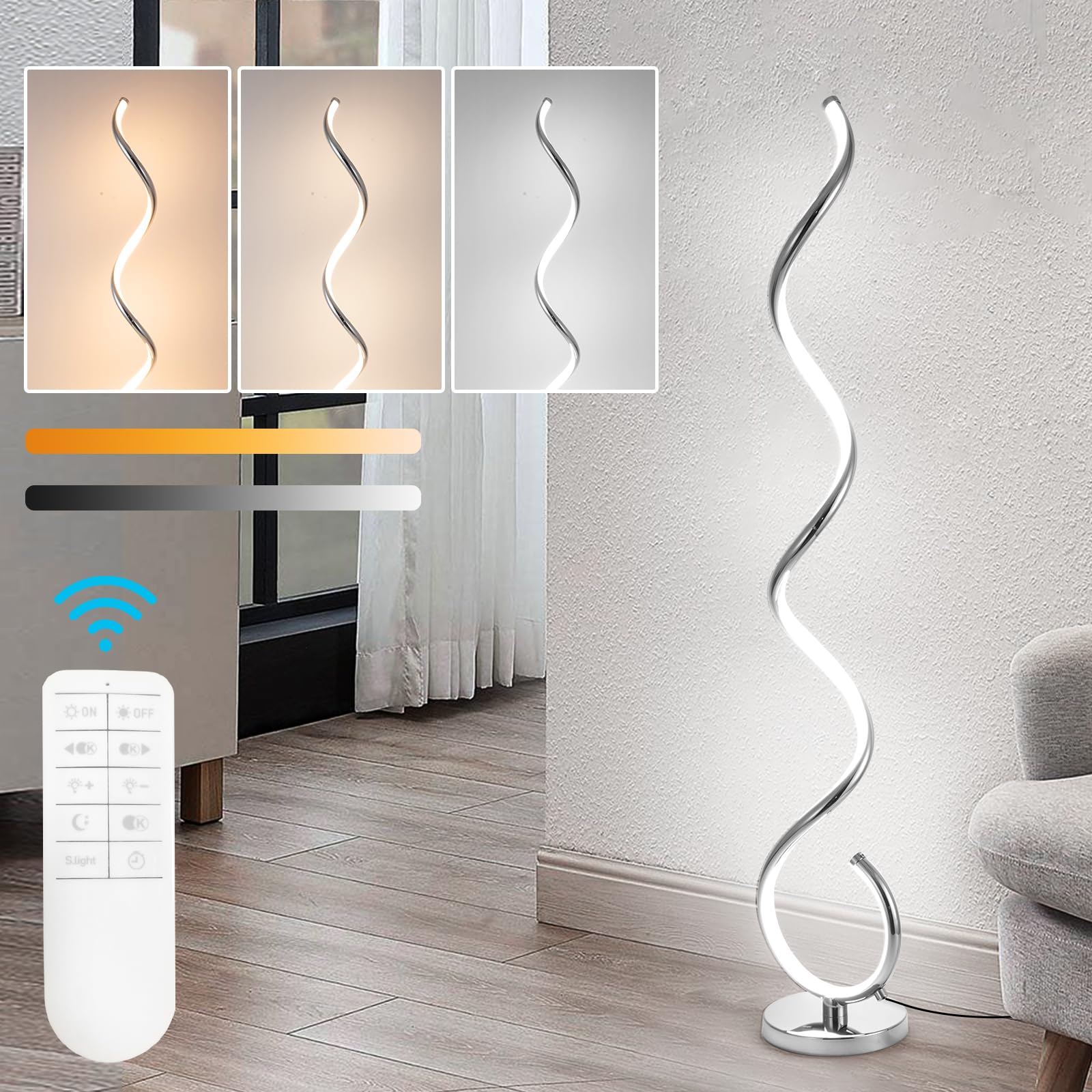 ADISUN Spiral Modern Floor Lamp with Remote, Modern Standing Lamp for Bedroom, Dimmable Floor Lamp for Living Room Office Dining