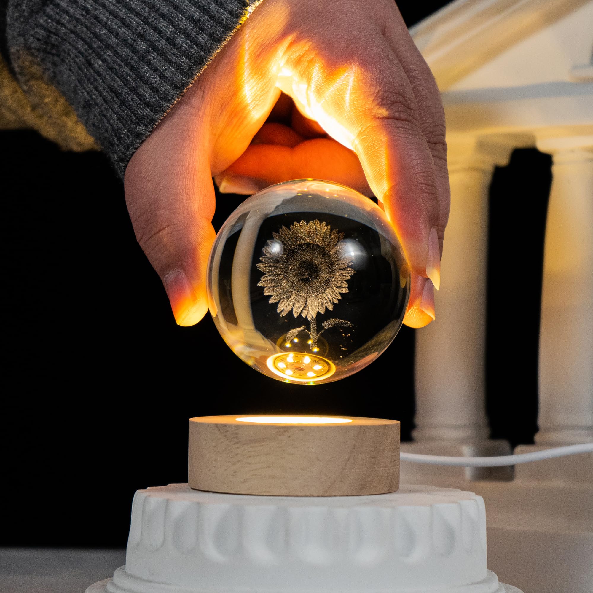 Qianchang 3D Laser Etched Sunflower Crystal Ball With Stand, 60Mm Glass Sphere Lamp Night Light, Sunflower Figurine Decor Glass