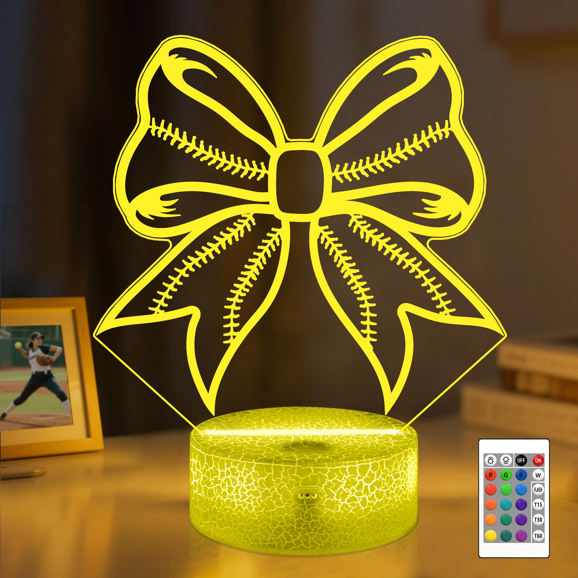 OkiyiD Softball Bows Night Light 3D Illusion Lamp, 16 Colors, Remote Control, Acrylic, Pink, Model OKD-2810-9999