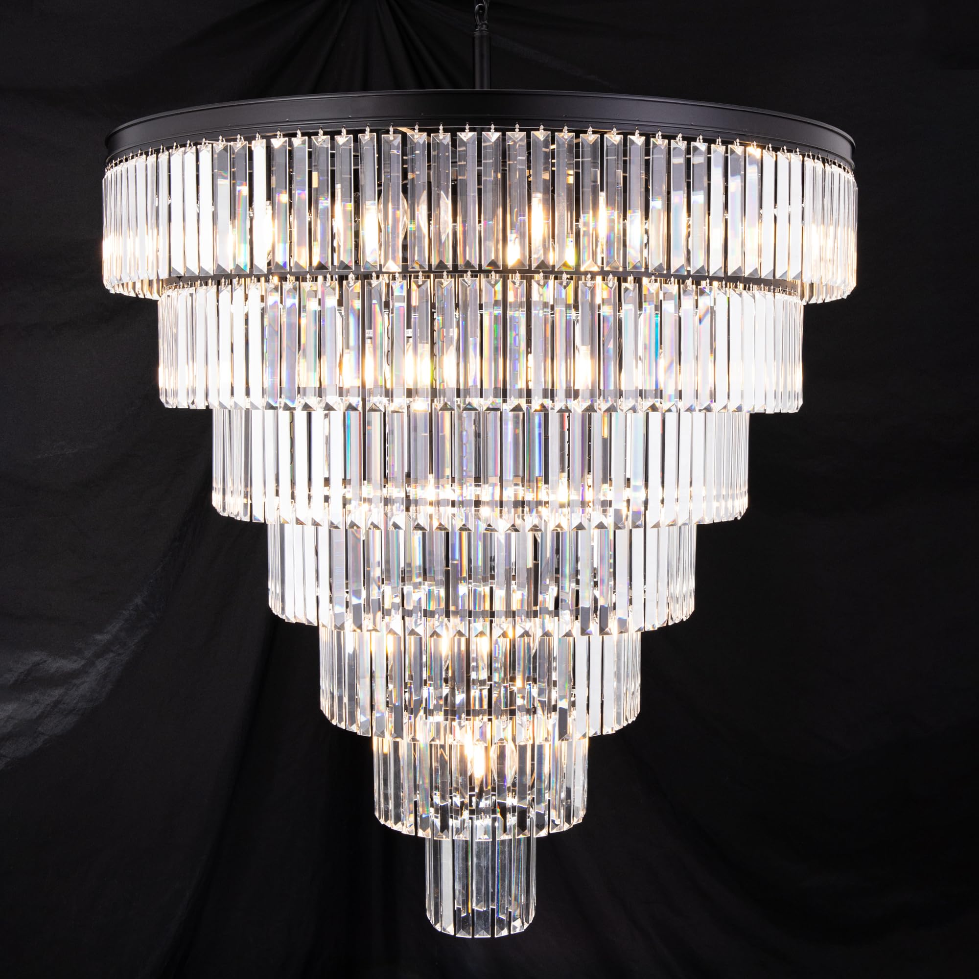 TOCHIC Large Crystal Chandelier, 40 Inch, 7-Tier Modern Lighting Fixture, Black Metal, Model DS-CCL