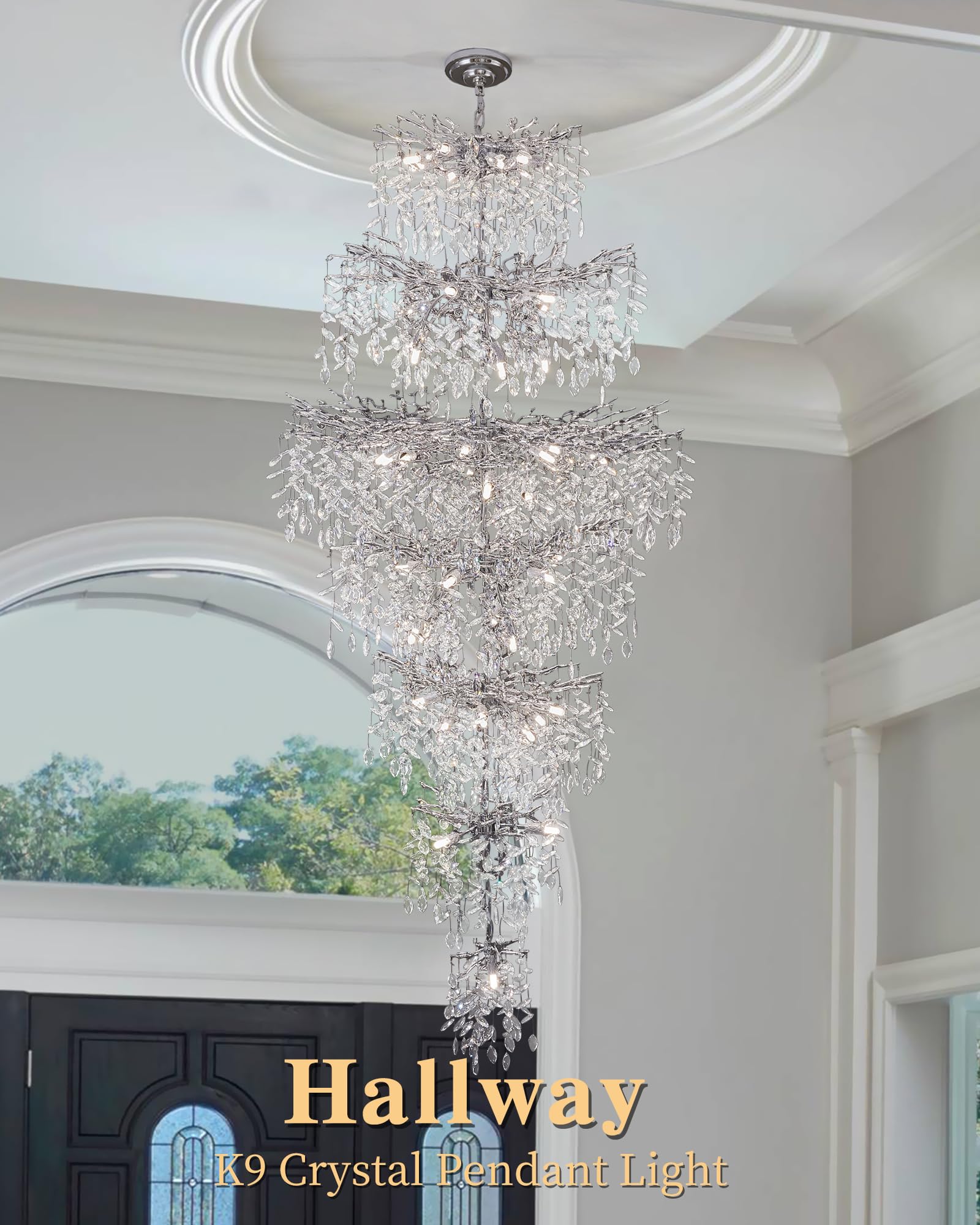 Modern Staircase K9 Chandeliers, Luxury Silver Long 7-Tier Large Foyer Entrance Chandeliers For High Ceiling Big Crystal Chandel