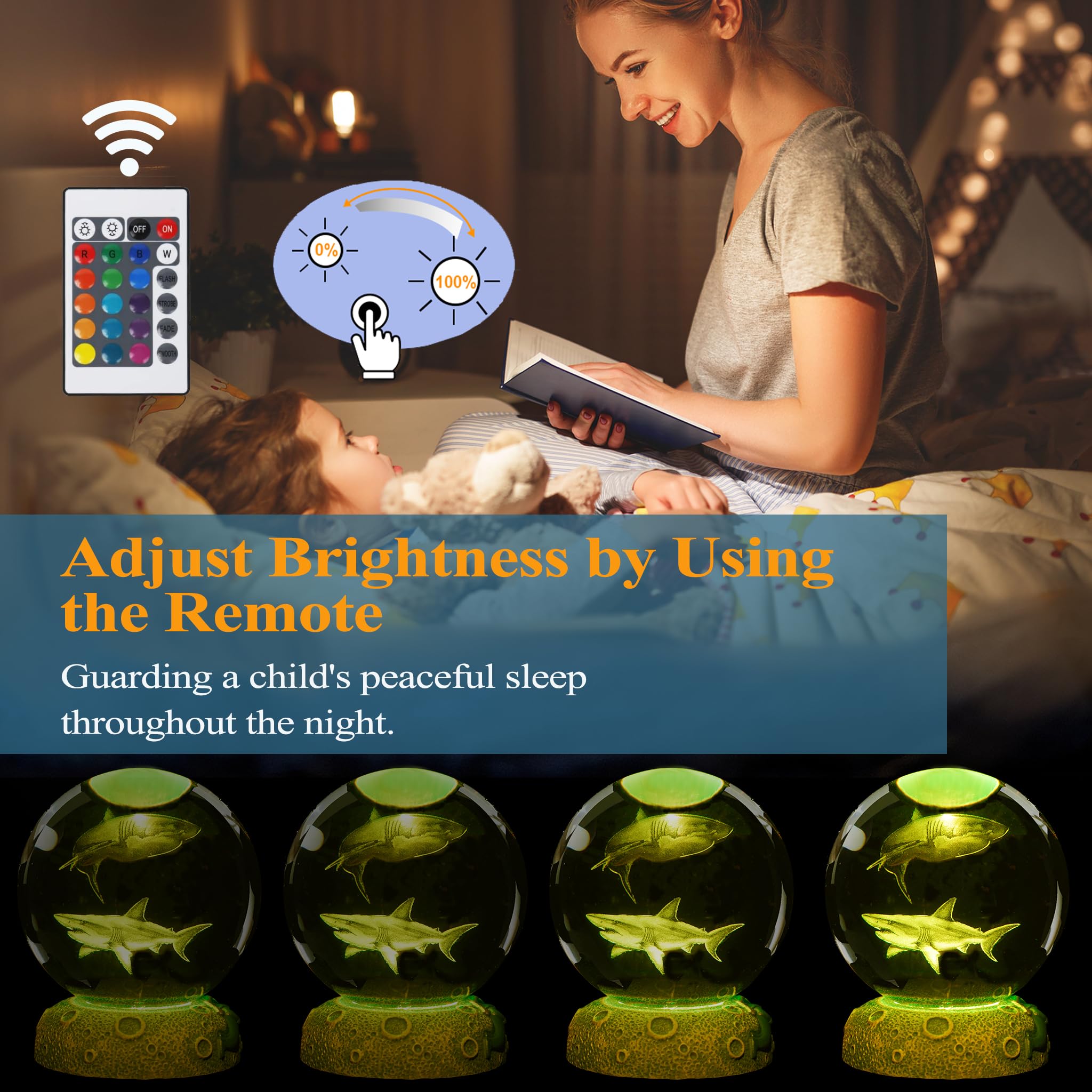 POSSHE 3D Shark Night Light Lamp - 16 Color Remote, 3.15 Inch Crystal Ball Decor for Boys & Girls, Unique Underwater Birthday/Xmas Gifts
