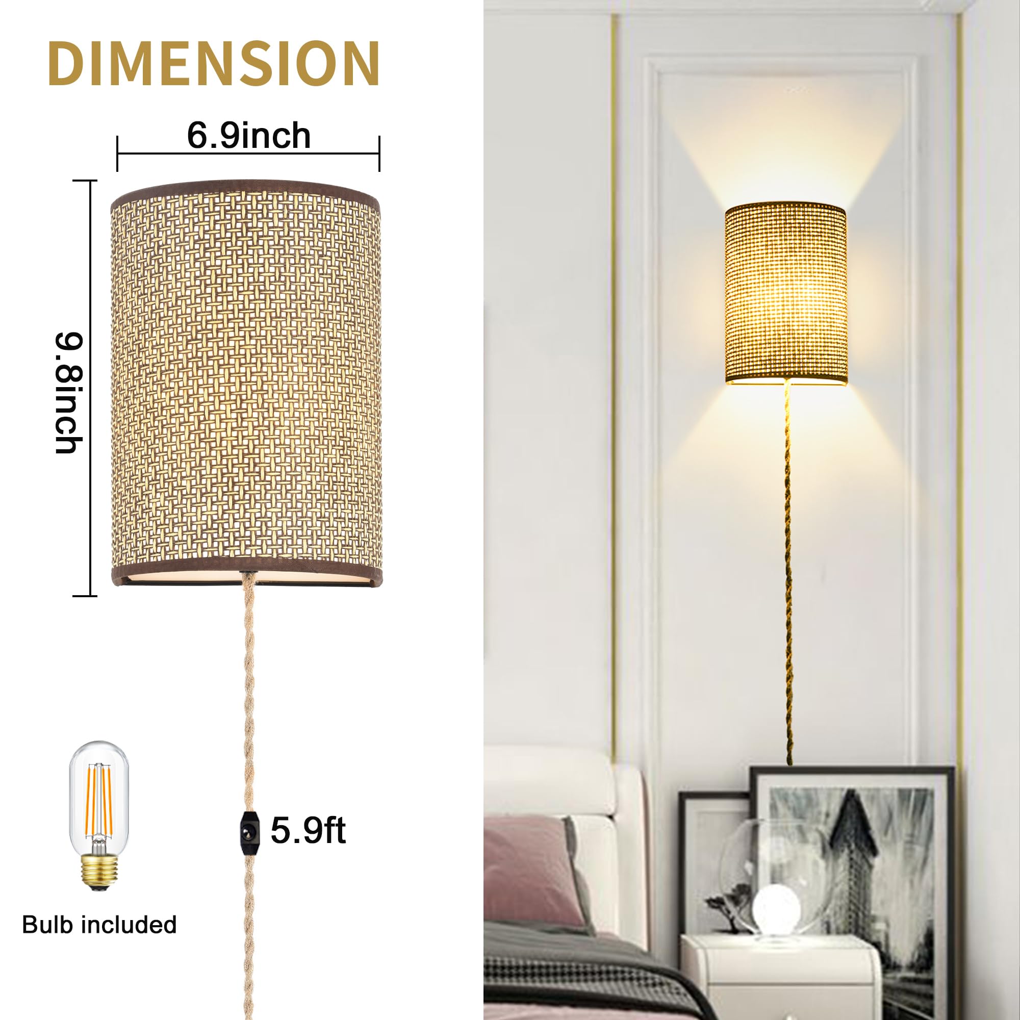 Xininsun Plug In Wall Sconce,Wall Sconces Set Of Two,Wall Lamp With Plug In Cord,Wall Sconce Lighting Dimmable Switch,Rattan Wal