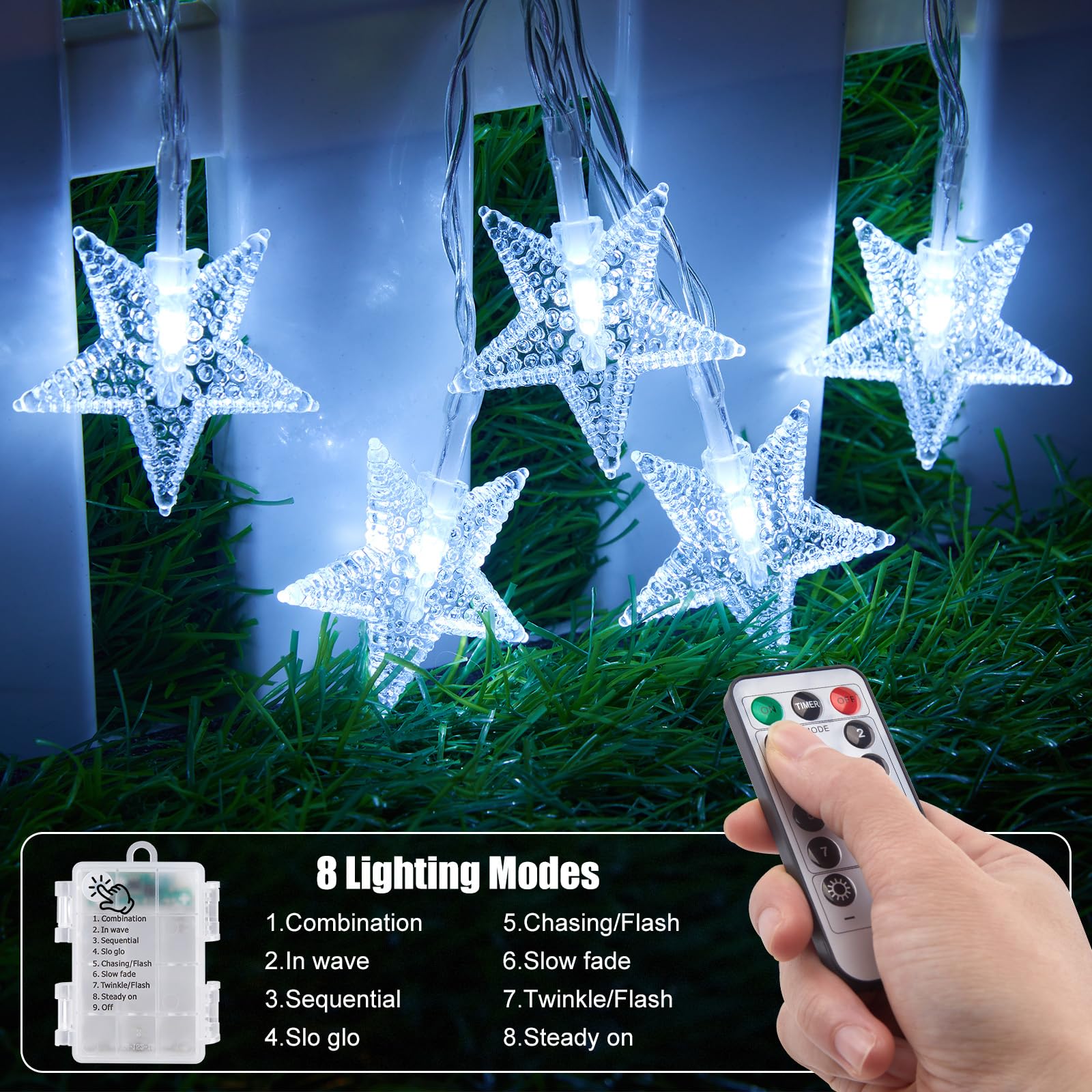 Brightown Star String Lights - 50 LED, Battery Operated, 17 ft, 2 Pack, Waterproof, White, Remote & Timer, 8 Modes