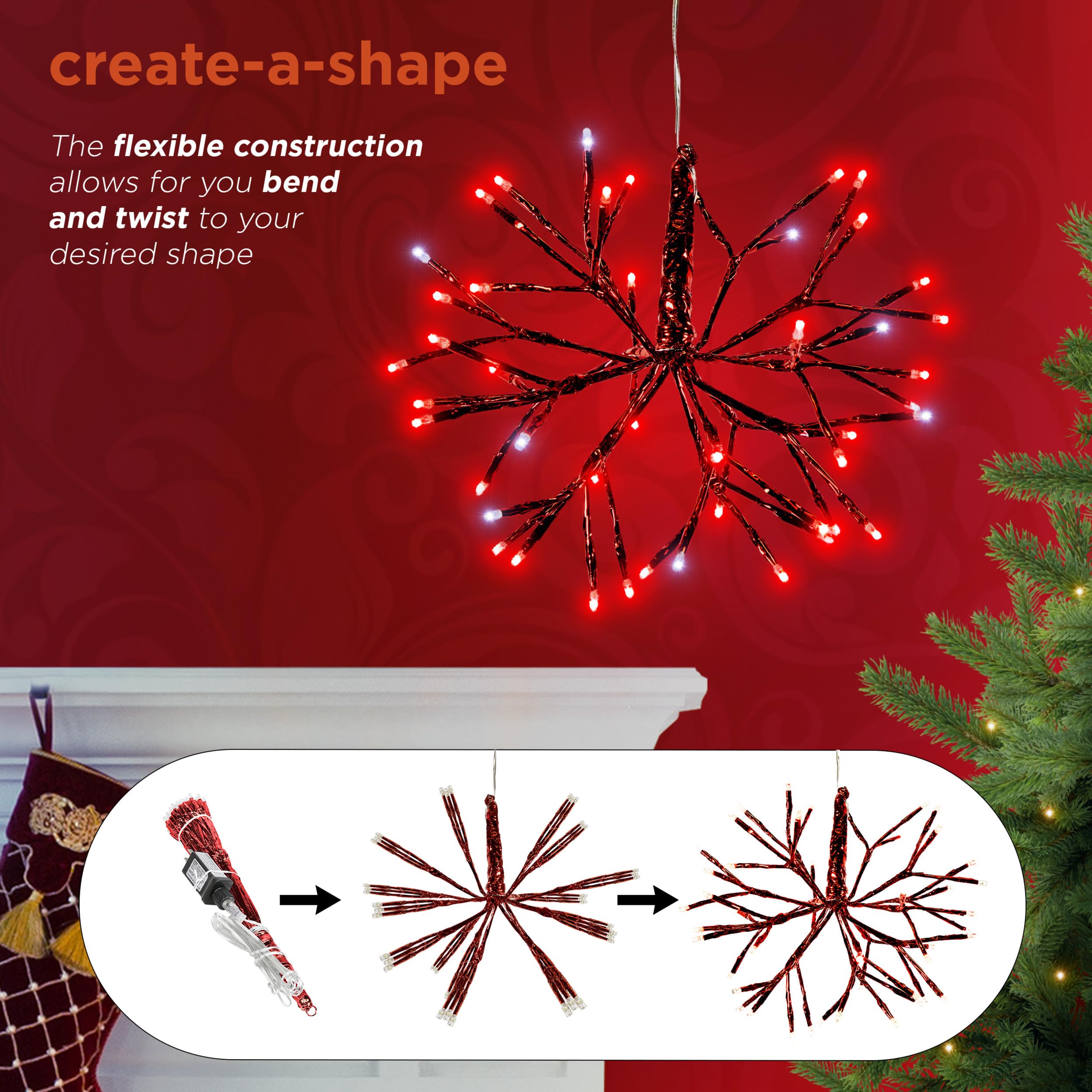Alpine Corporation 10 H Indoor Christmas Twig 3D Hanging Snowflake Ornament with LED Lights, Red, Christmas Decoration