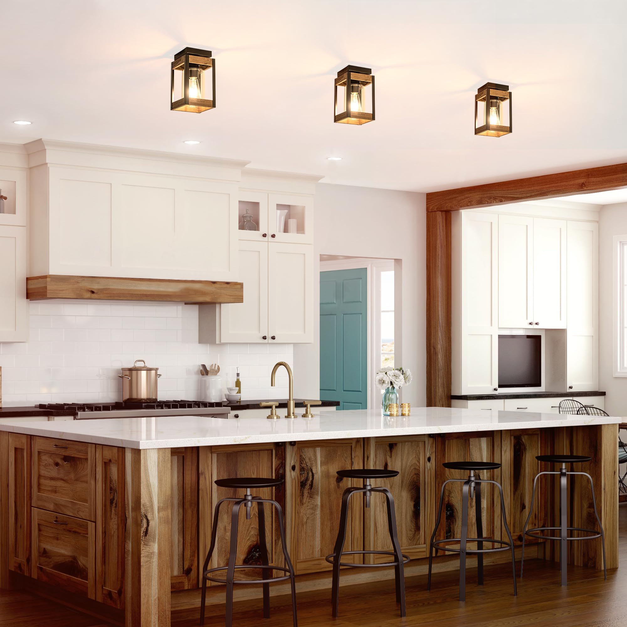 Mayful Rustic Flush Mount Ceiling Light With Metal & Wood Frame, Clear Glass Fixture For Home