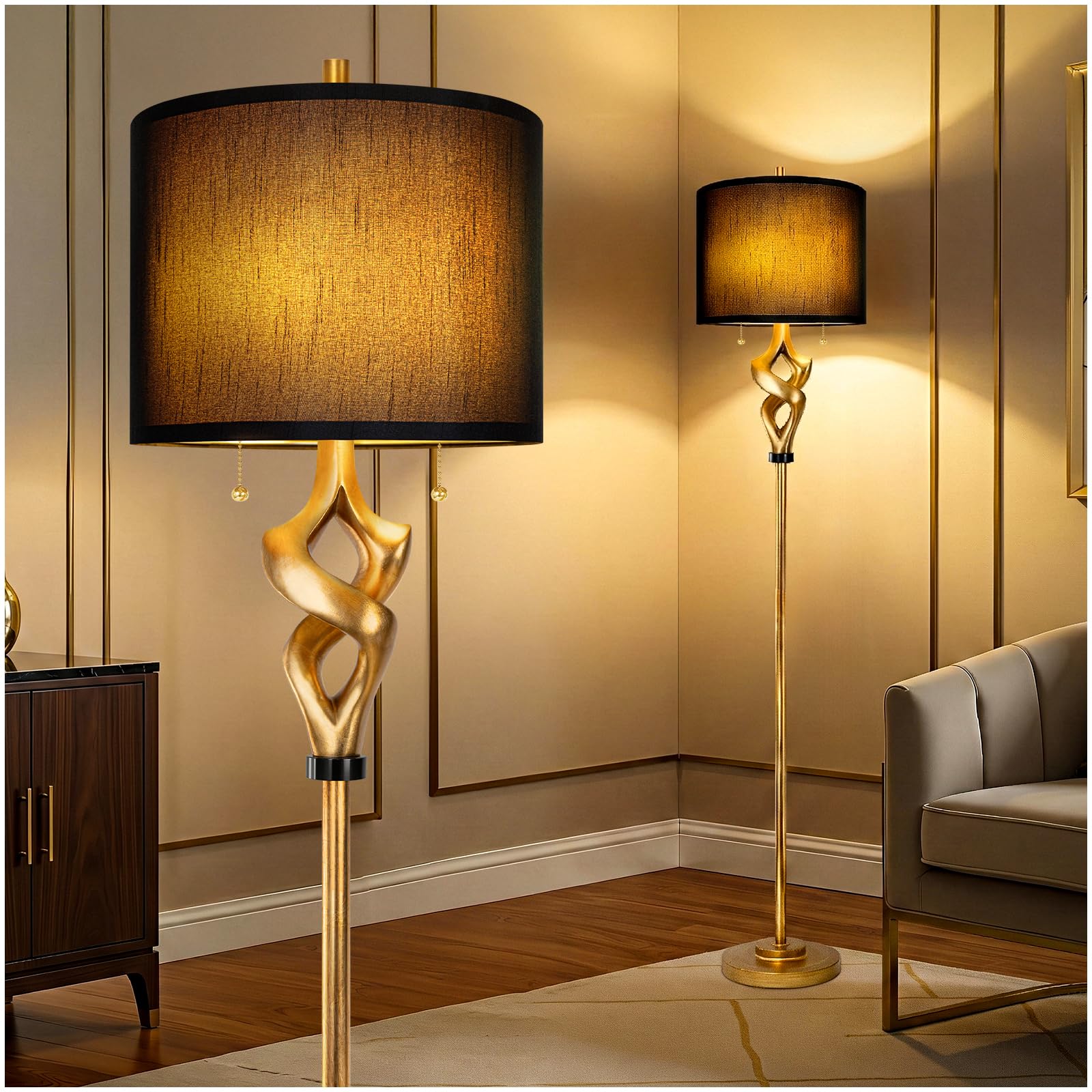 Scenekoy Sculptural 65.5    Floor Lamp for Living Room Bedroom, Antique Gold Leaf Finish & Resin Body, Pull Chains Switch Standi