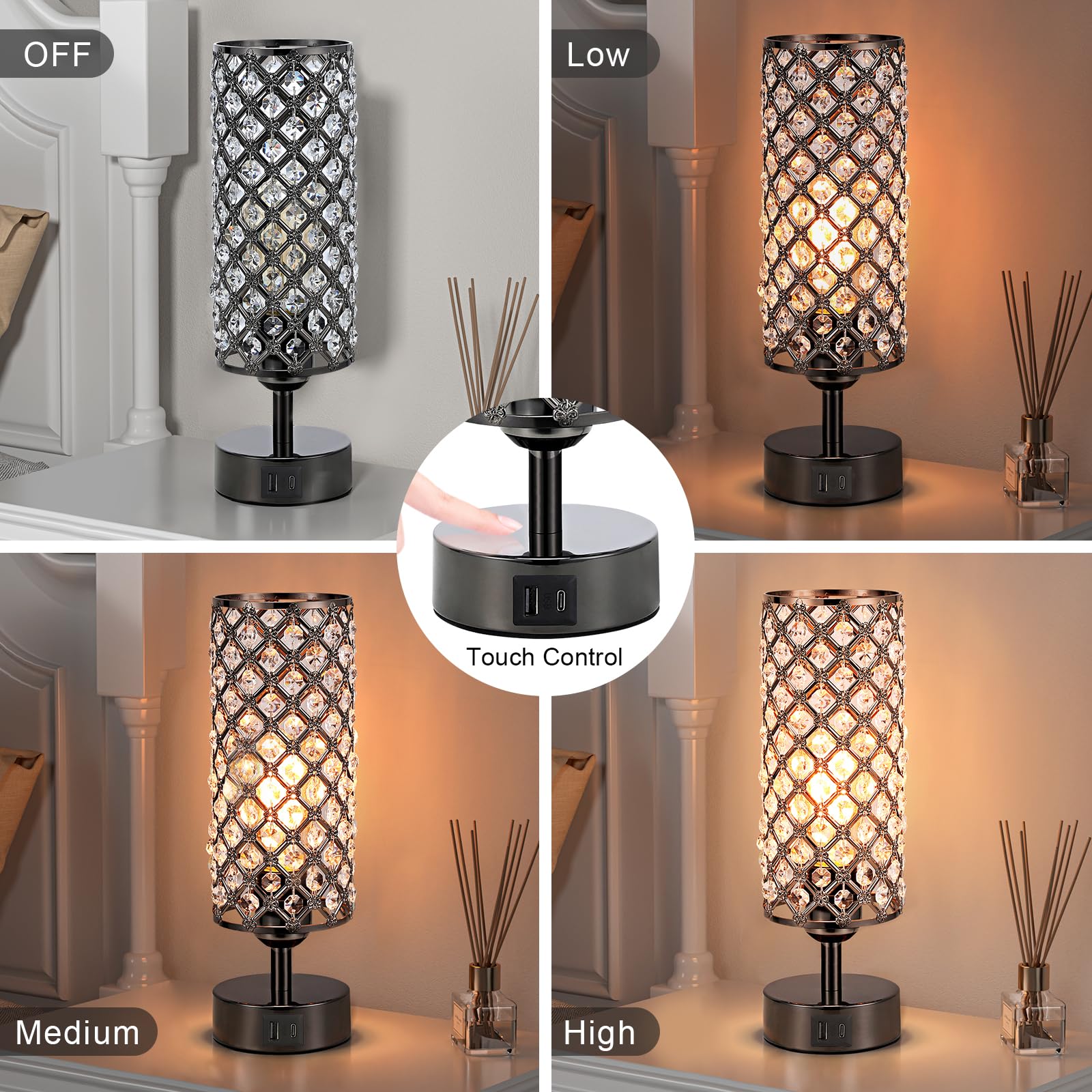 Hong-In Crystal Table Lamp, Black Crystal Lamp With Usb C+A Ports, 3 Way Dimmable Light With Crystal Lampshade, Bedside Lamp Sma