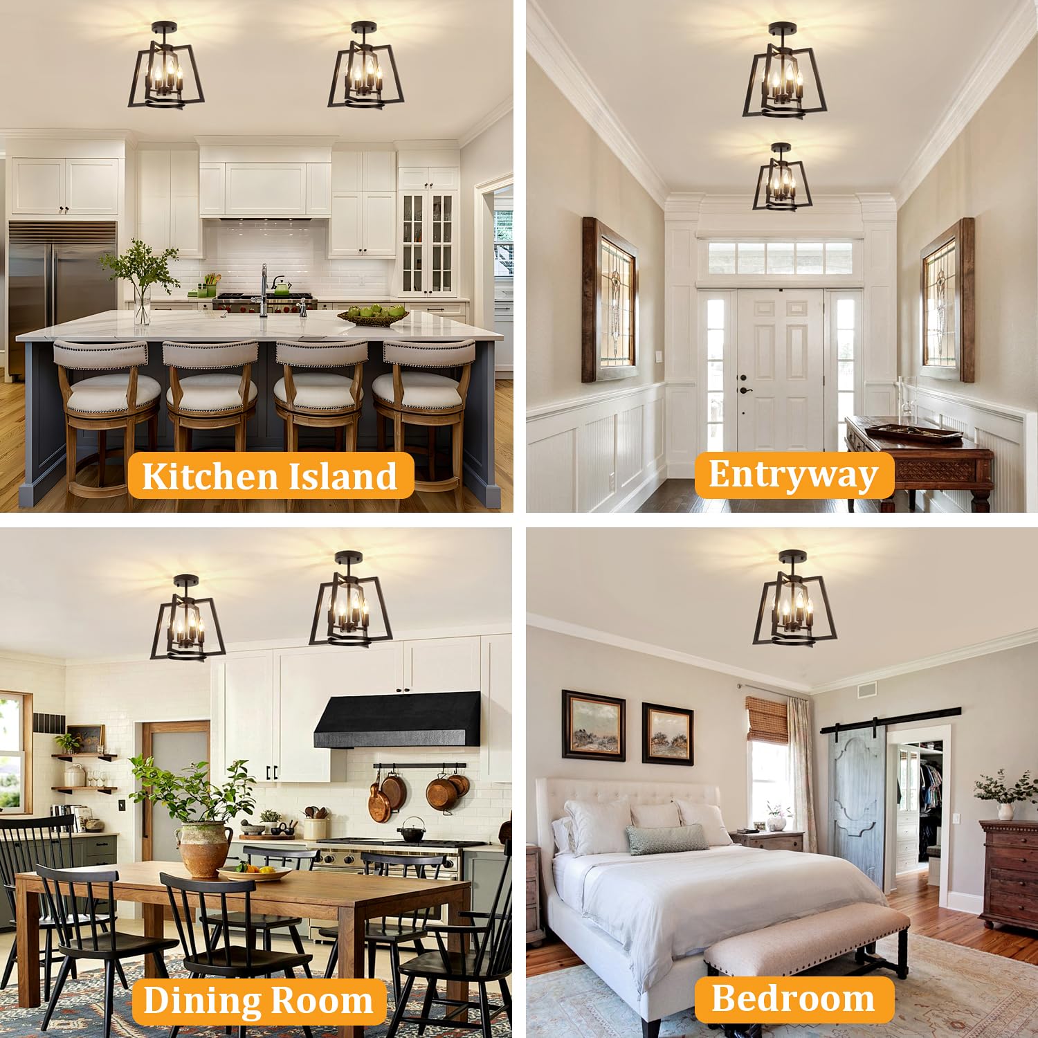 Toulmj 4-Light Ceiling Light Fixture, Farmhouse Black Semi-Flush Mount Ceiling Light For Kitchen Island, Laundry Room, Bedroom,