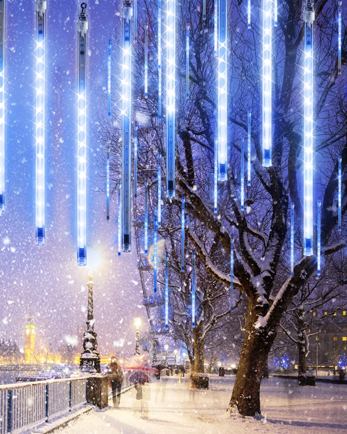 Blue 20 Tubes Meteor Shower Icicle Lights 480 Led Raindrop Lights With Timer Function Cascading Falling Rain Light For Holiday P