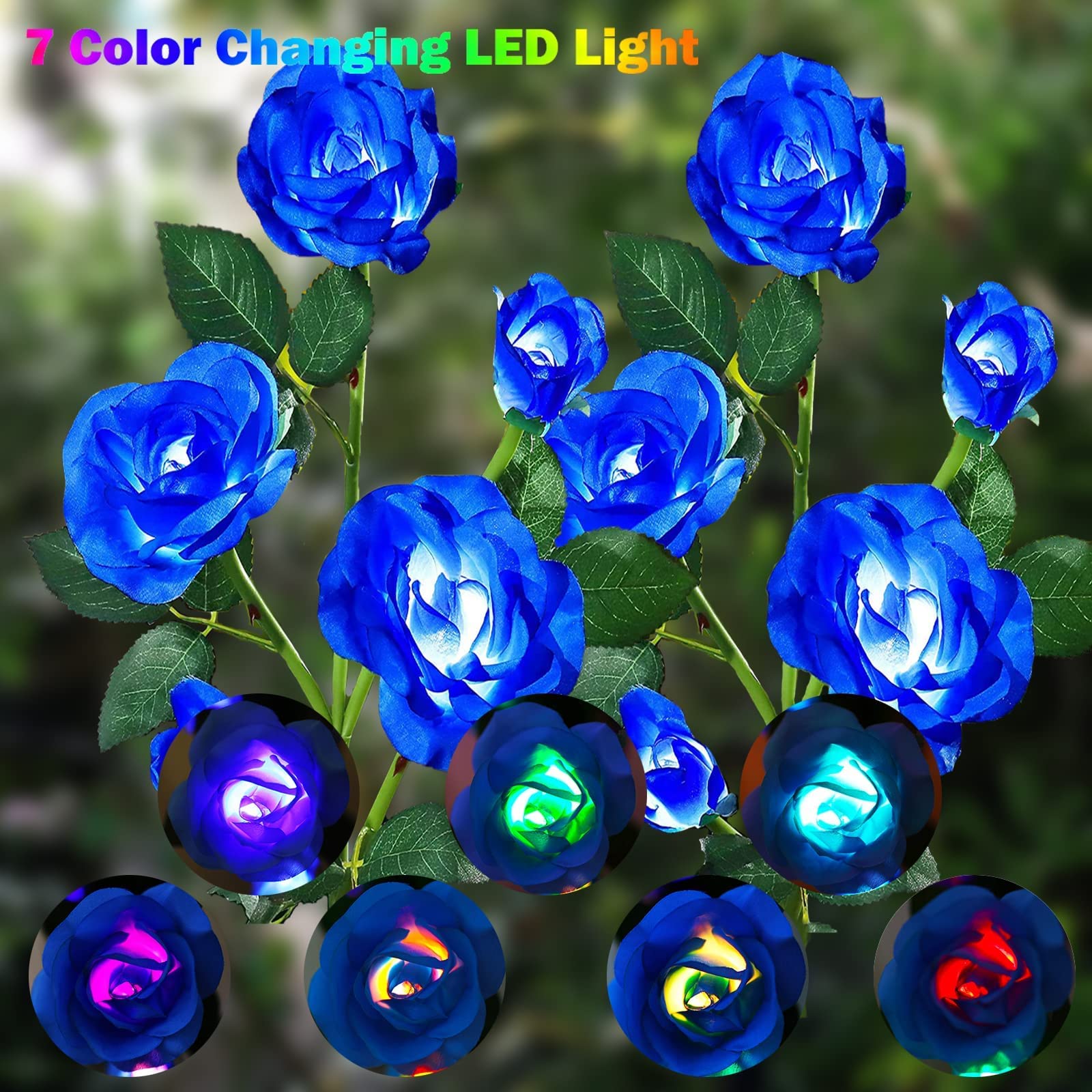 Angmln 2 Pack Solar Garden Lights, Solar Flower Lights Outdoor Waterproof With 10 Head Blue Rose 7-Color Changing Landscape Ligh